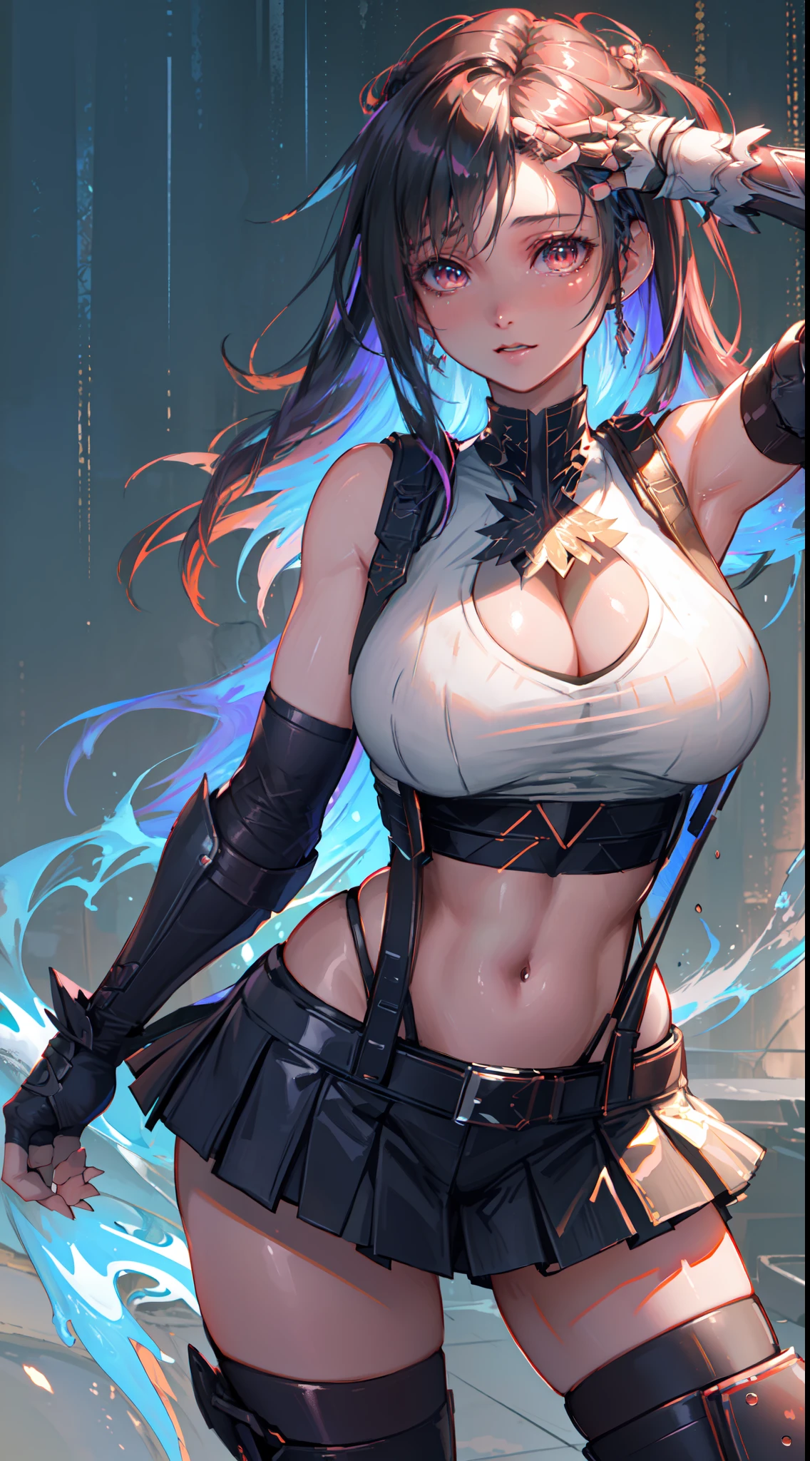 Unreal Engine 5 Realistic Render, (masterpiece, best quality), intricate details, (Best quality)), ((masterpiece)), ((realistic)), (hyperrealism:1.2), (fractal art:1.2),
1girl, 7rtifa, crop top, arm guards, fingerless gloves, suspenders, pleated miniskirt, black thighhighs, red boots
extreme detailed eyes, colorful, highest detailed,
vibrant colors, high contrast,
(8K UHD:1.2), (photorealistic:1.2), beautiful face, top body is hyper realistic thicc muscle and hyper largest_breasts!! with the type of boobs_melons, lower is huge buttocks, wet shiny body