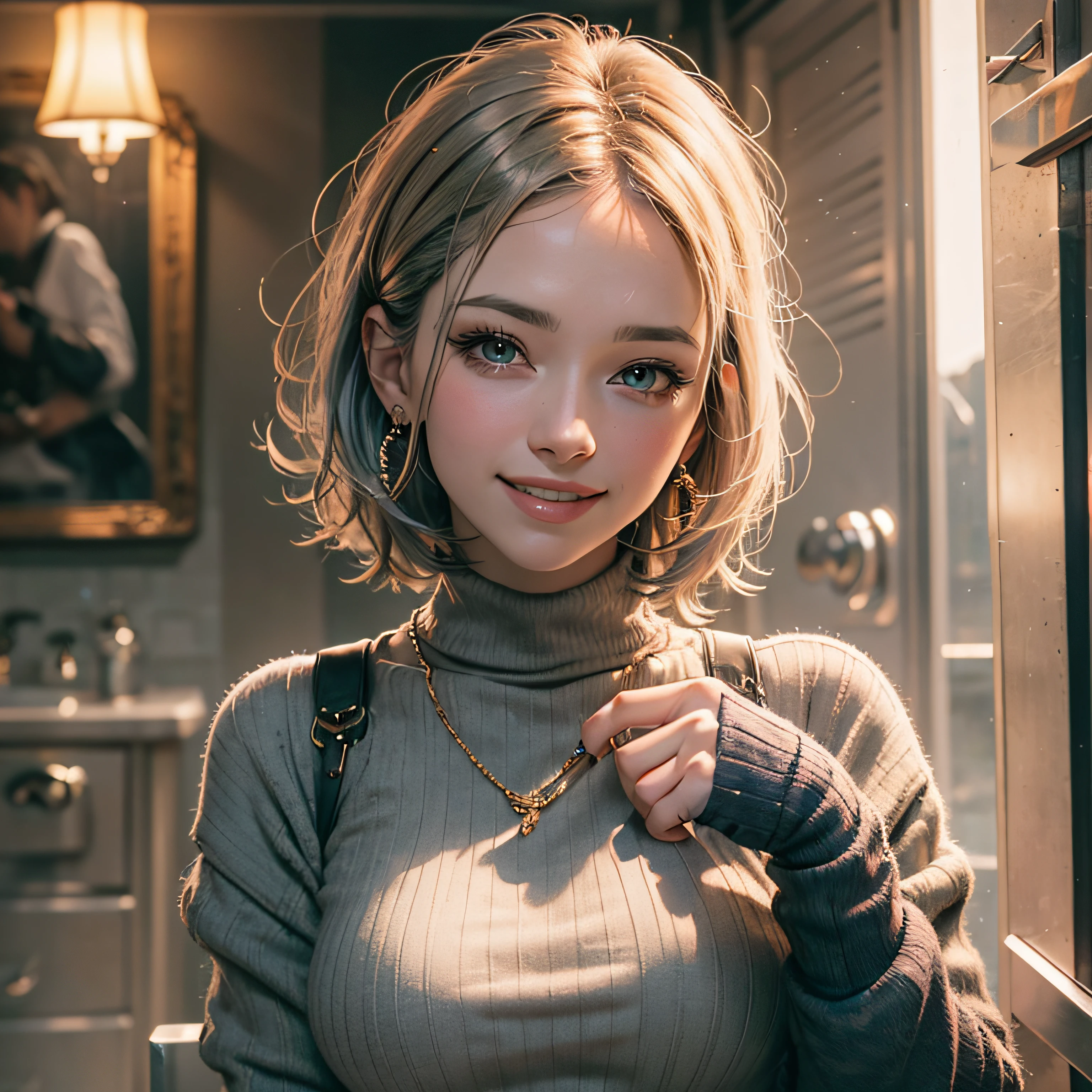 Full body, gray hair, (Dragoon: 1.2), Brantovan, masterpiece, best quality, official art, very elaborate CG Unity 8K wallpaper, for girls, ultra high resolution, (photorealistic: 1.4), golden hour lighting, sweater dress, (upper body), (platinum shorthair: 0.8), (puffy eyes), looking at the viewer, frontal, smile, medium breasts, gentle smile, Shirt lift, gloves, short hair