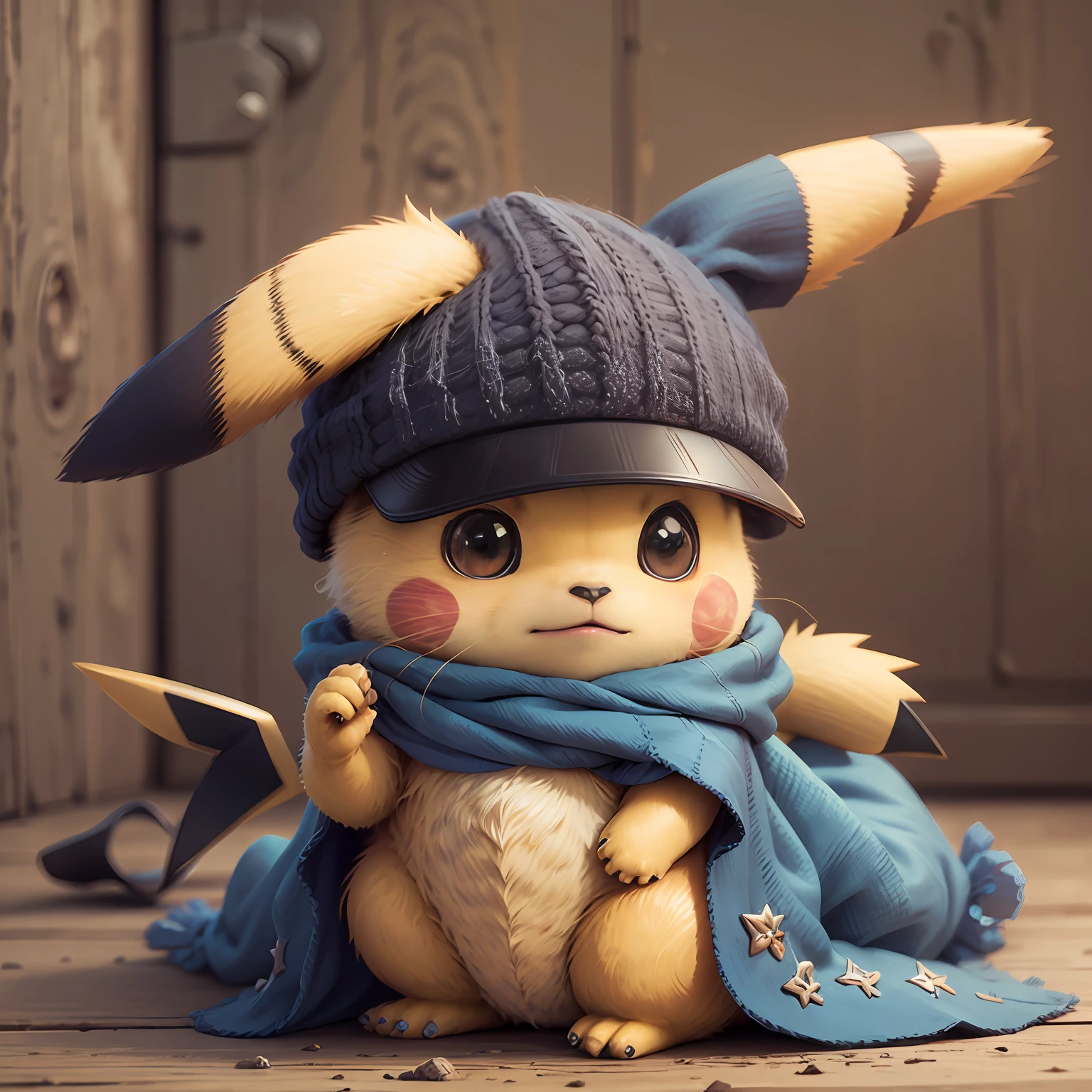 realistic fluffy pikachu with blue hat --auto