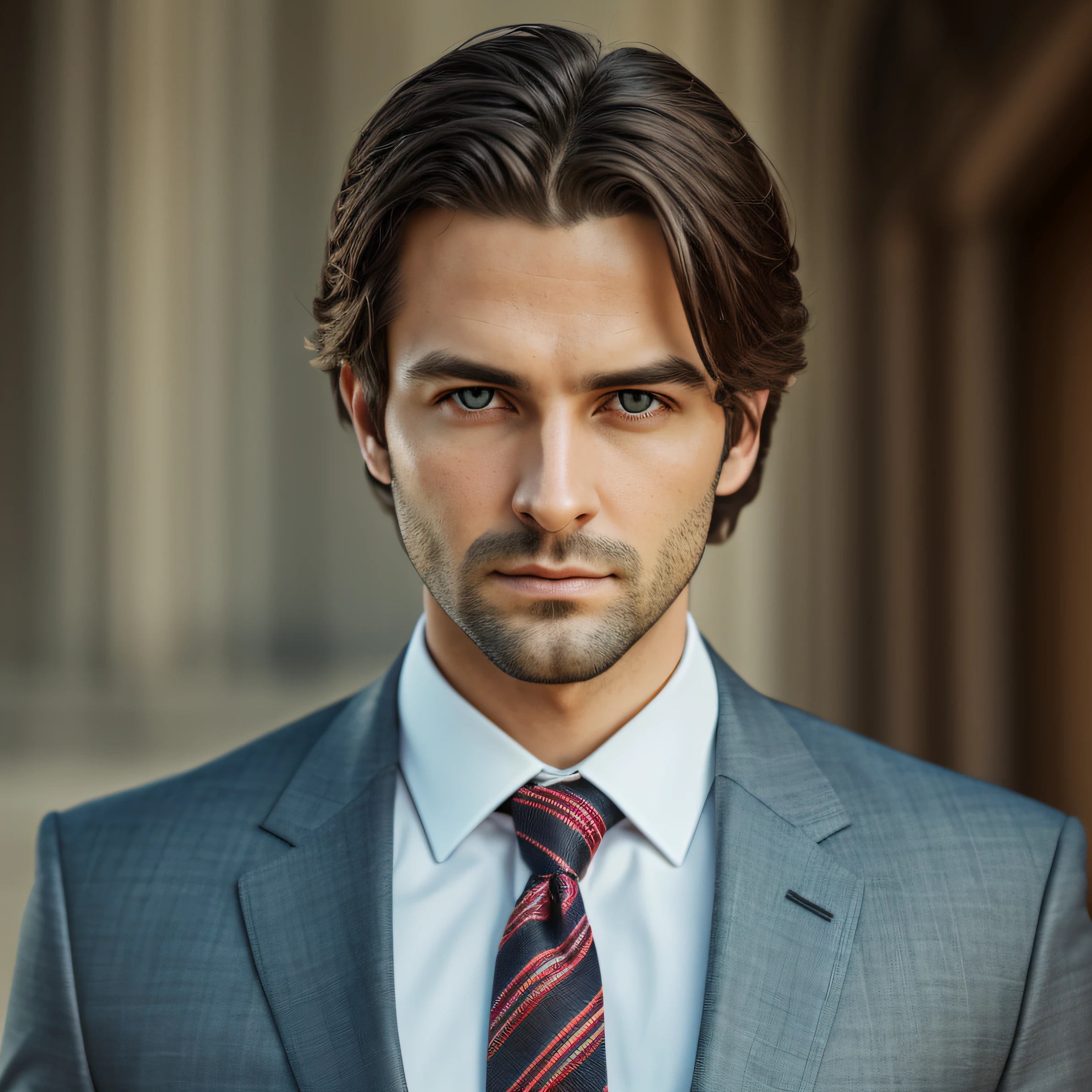 a Man standing with 25 years in suit and tie, body and head straight in the photo, DSRL, facing the viewer of the photo, eyes fixed to the lens, appears shoulders and head in the photo, man centered in the photo, 8k, best quality, masterpiece, realistic, realistic photo, movie photo, ultra realistic, 1 person, detailed,  Perfect lighting, DSRL, professional photo, 4k
