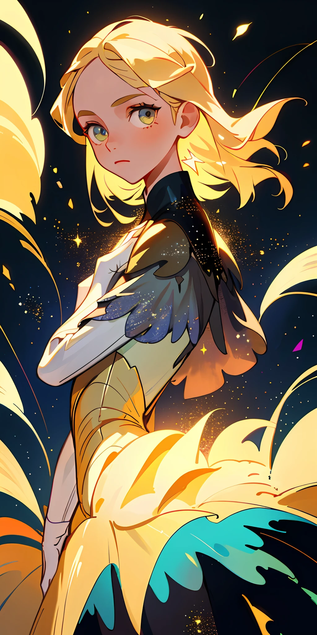 (best quality, masterpiece), 1girl, white costume, galaxy, glitter, dress, particle, wind, flower, upper body, dark simple background, looking at viewer, blonde,