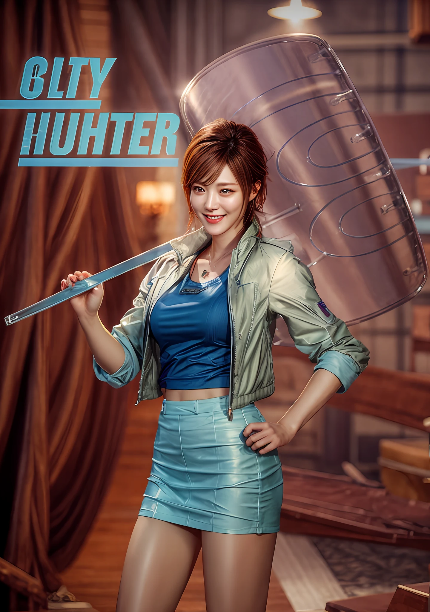 Photo realism, 3D rendering, 1 beautiful woman, smile, look at the audience, short skirt, detailed details, masterpiece, best quality, cinematic lighting
