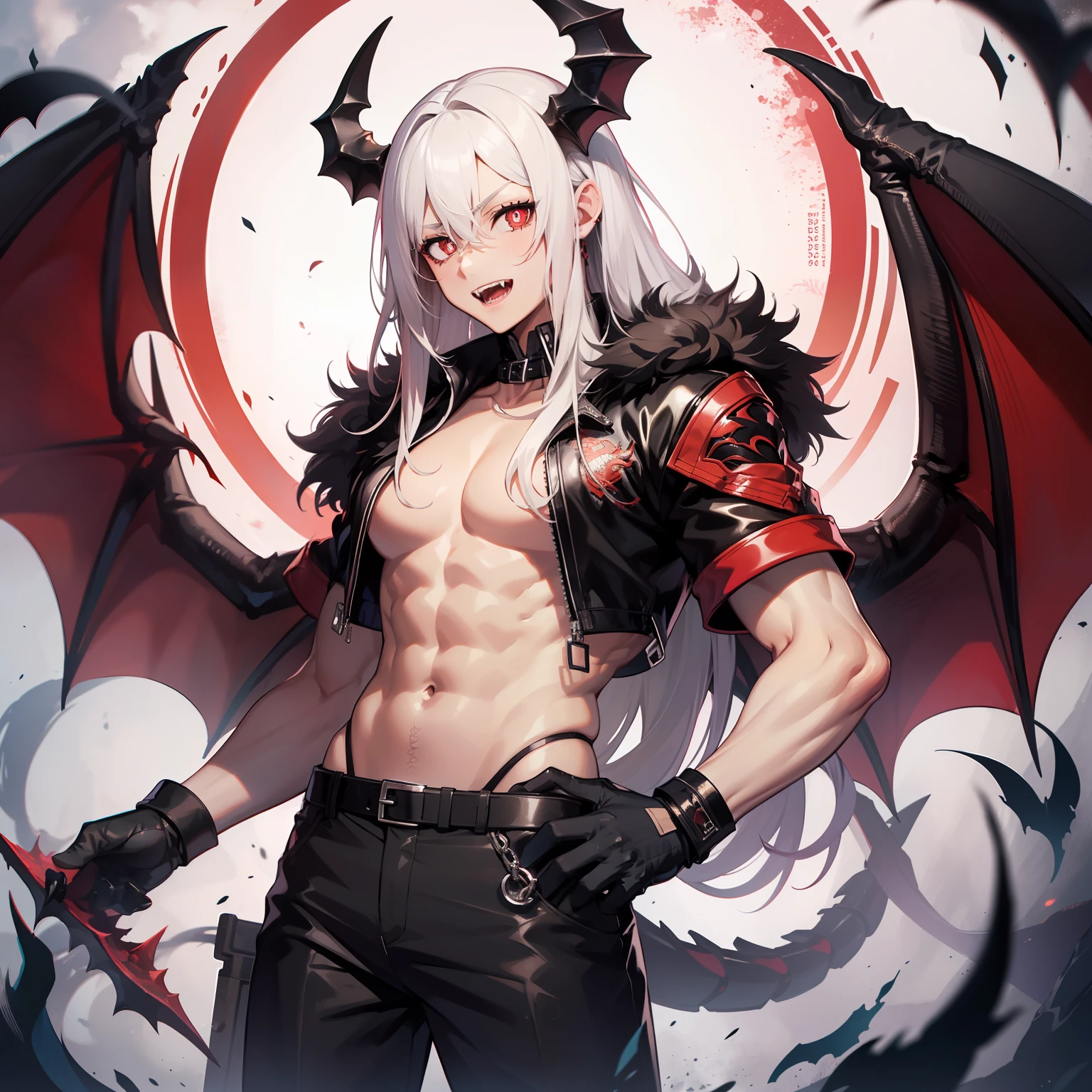 1guy, tall, brown skin, long white hair, black eyes, red pupils, muscle, no shirt, black claws, black pants, black gloves, dragon tail, black demon wings, black shoes, fangs in teeth