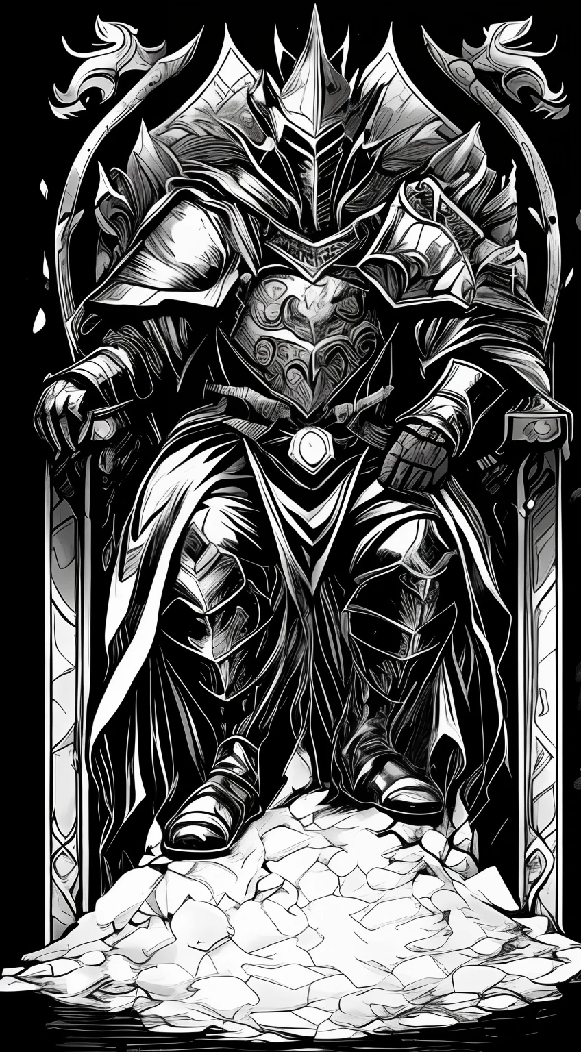 monocromatic comicartstyle, rusty golden knight, sittin in a ice throne, holding an ice-made-claymore snow-storm, dark art-style --auto