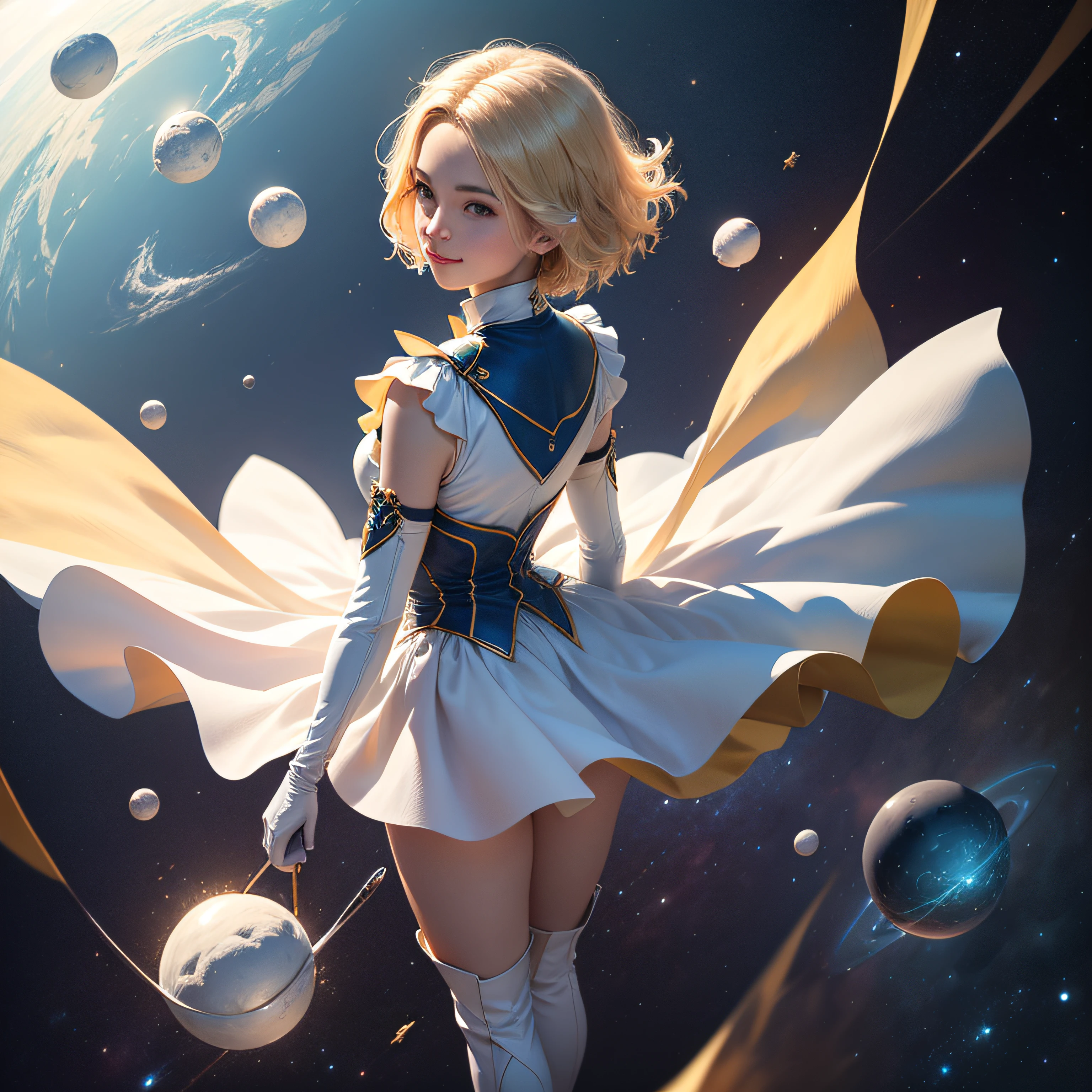 Absurd resolution, high resolution, (masterpiece: 1.4), super detailed, girl alone, from above, future, psychic powers, legend, universe, floating, blonde, petite, short hair, space-time, long boots, white and blue costume, elbow-to-elbow gloves, gentle smile, wind blowing