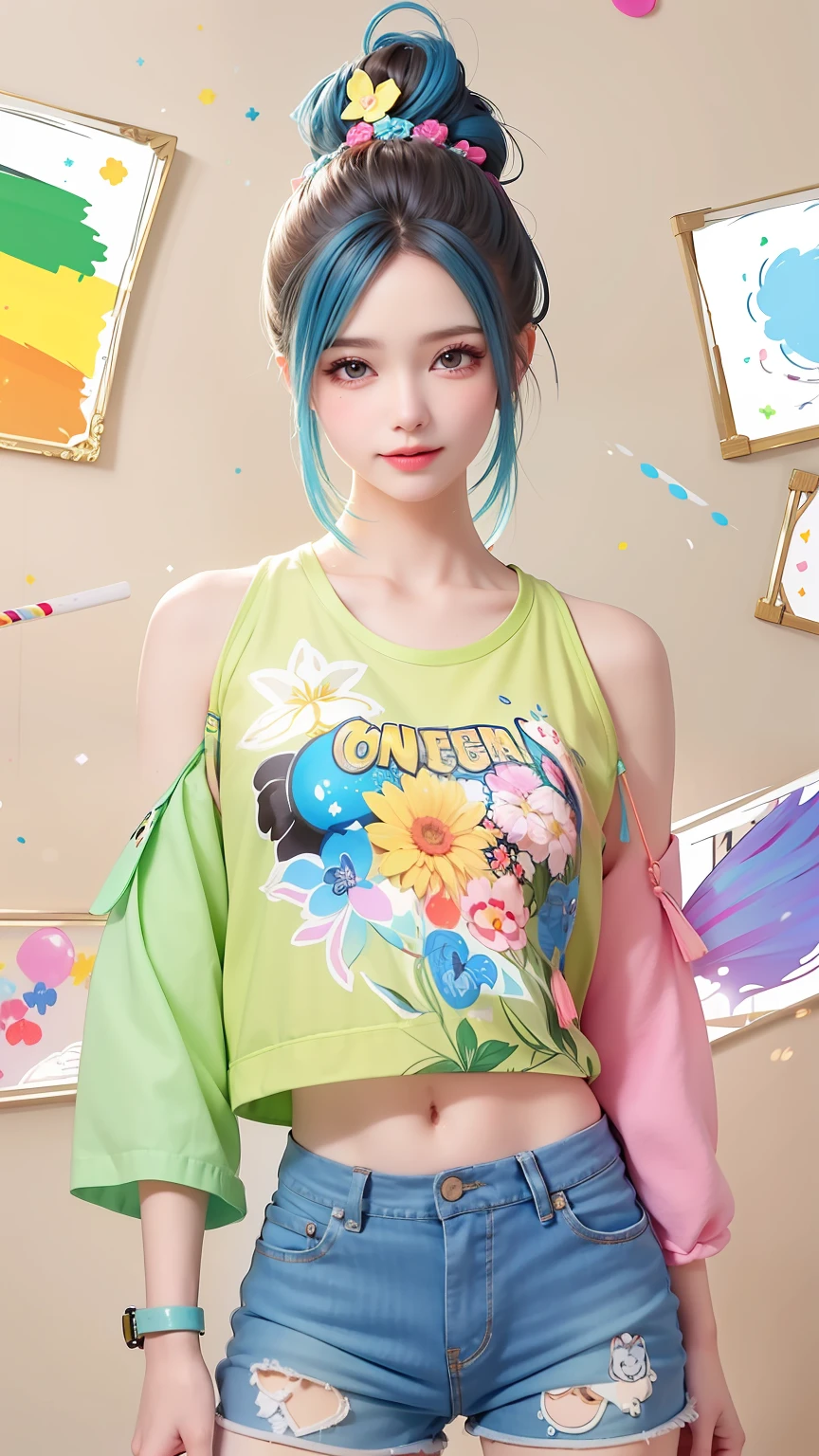 araffe girl with blue hair and a bright green shirt, rossdraws cartoon vibrant, rossdraws pastel vibrant, colorful]”, y 2 k cutecore clowncore, cute colorful adorable, with ripped crop t - shirt, colorful clothes, colorful clothing, colorful aesthetic, colorful fashion, rainbow clothes, vibrant fantasy style, hand painted cartoon art style, flower butterfly vest