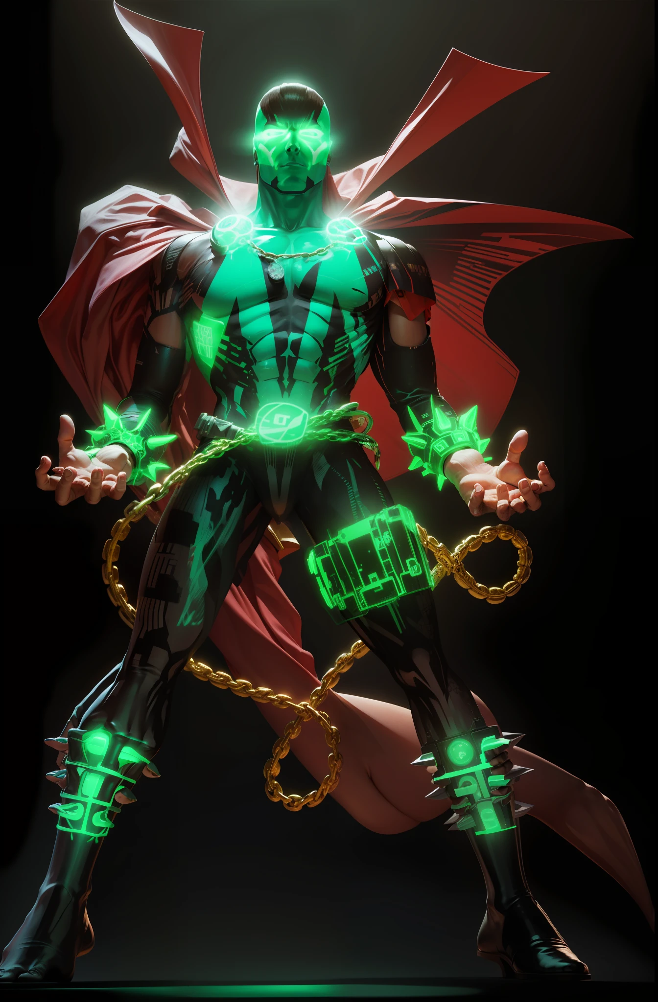 Green lights coming out of his hands. Ultra realism, detail-oriented
