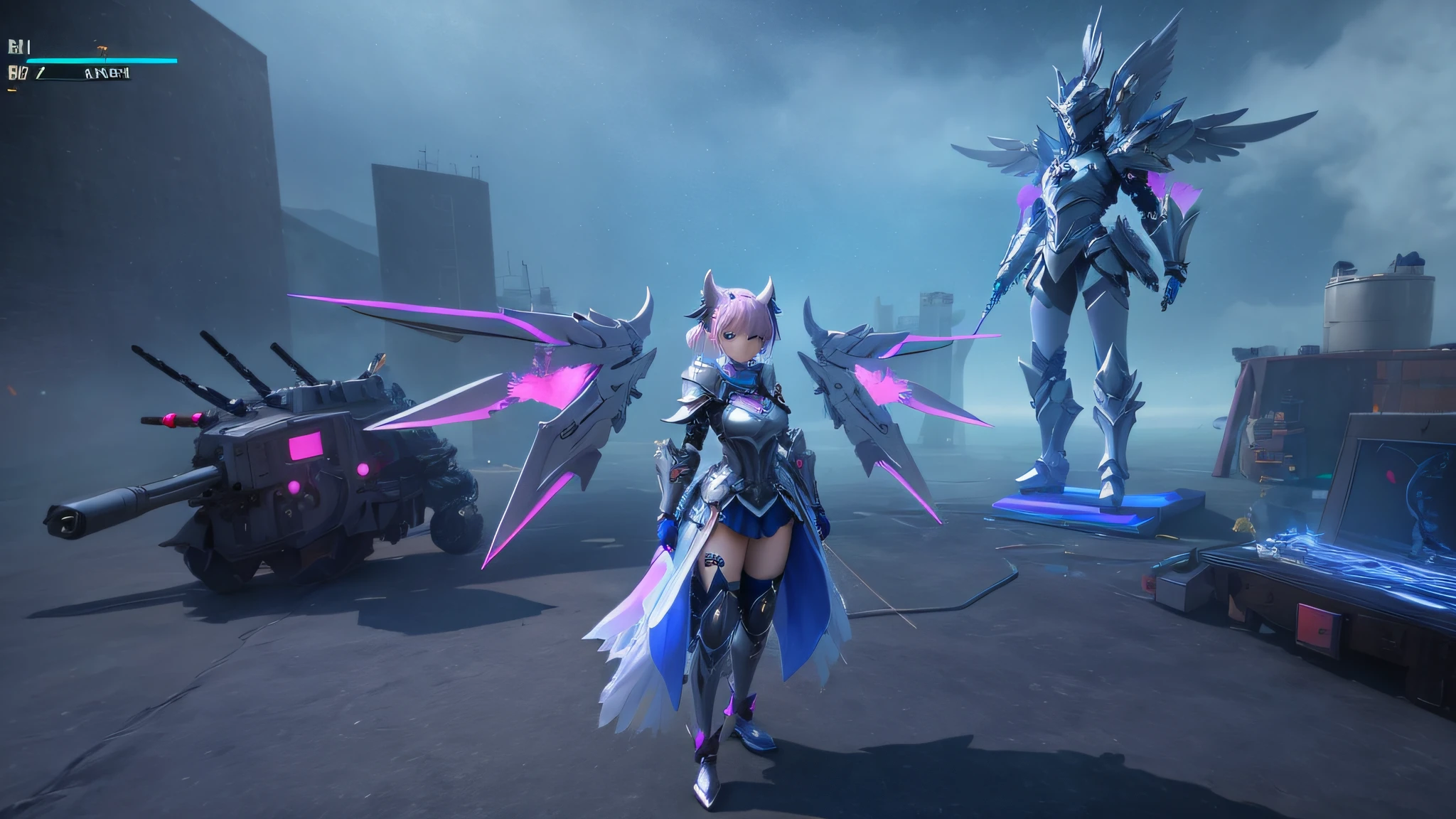 (Masterpiece) 3D It is a demon goddess standing in a room, sharp silver armor fuchsia skin from the video game Azur Lane, fuchsia skin under armor dressed in ethereal battle armor, sacred cyborg necromancer girl, mechanized Valkyrie girl, < MMORPGS scene, Ayaka Genshin Impact, PC screenshot, fuchsia skin under armor