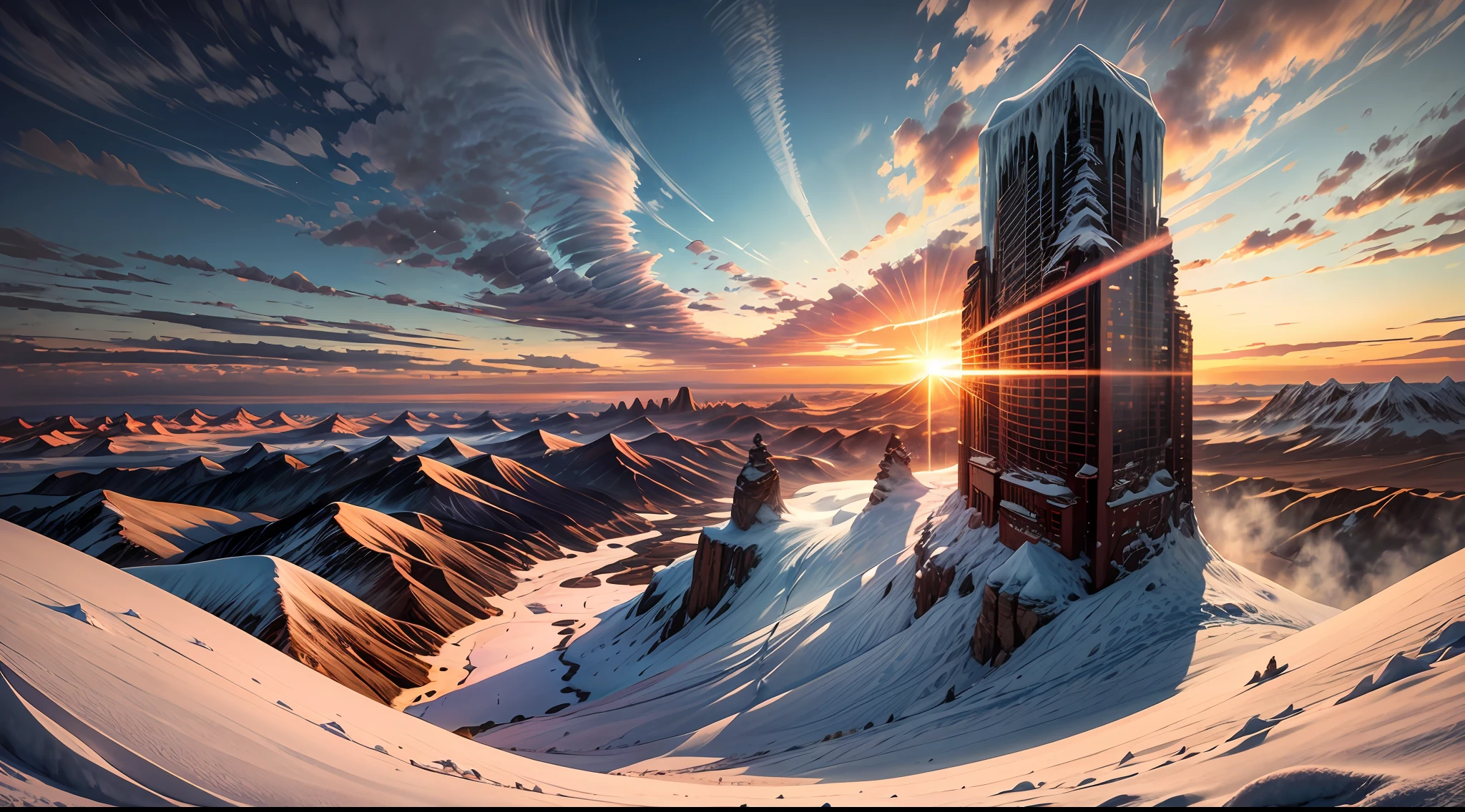 A breathtaking Ice Age landscape unfolds before your eyes, a vast panorama of snow-covered plains stretching as far as the eye can see, the sky ablaze in shades of pink and orange as the setting sun bathes the world in a warm glow. Photograph, wide-angle lens (24 mm), capturing the immensity of the scene.