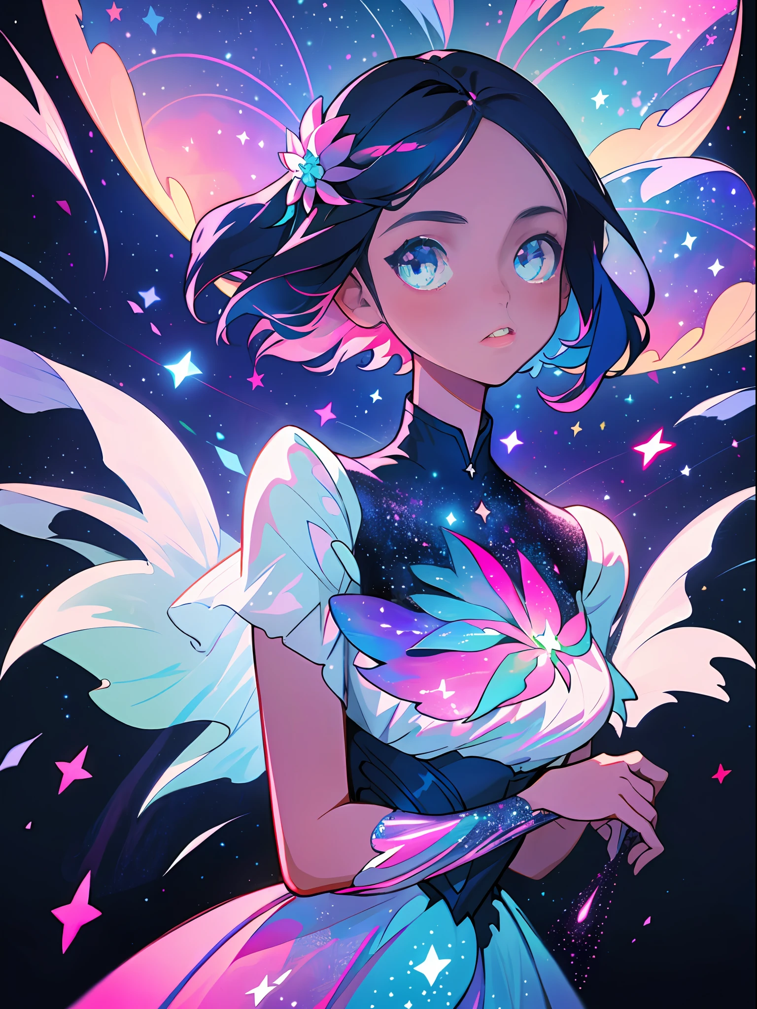 (best quality, masterpiece), 1girl, galaxy, glitter, dress, particle, wind, flower, upper body, dark simple background, looking at viewer, (blue-pink theme)