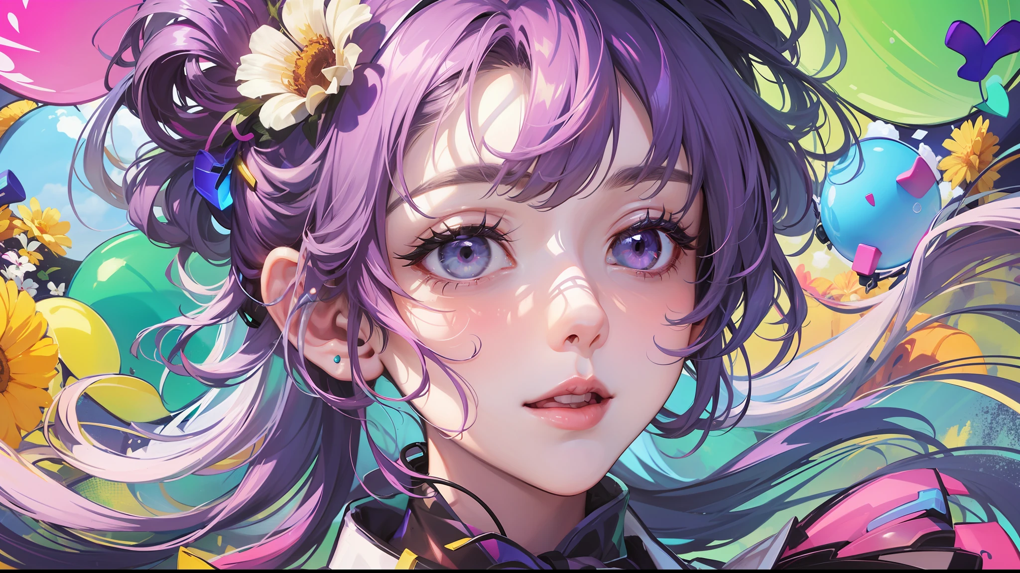 Woman with peace sense headset, closed eyes, beautiful face, RGB colors, bright purple hair, anime, bright background, banner for youtube video, happy girl, clouds with RGB colors, bright RGB colors.