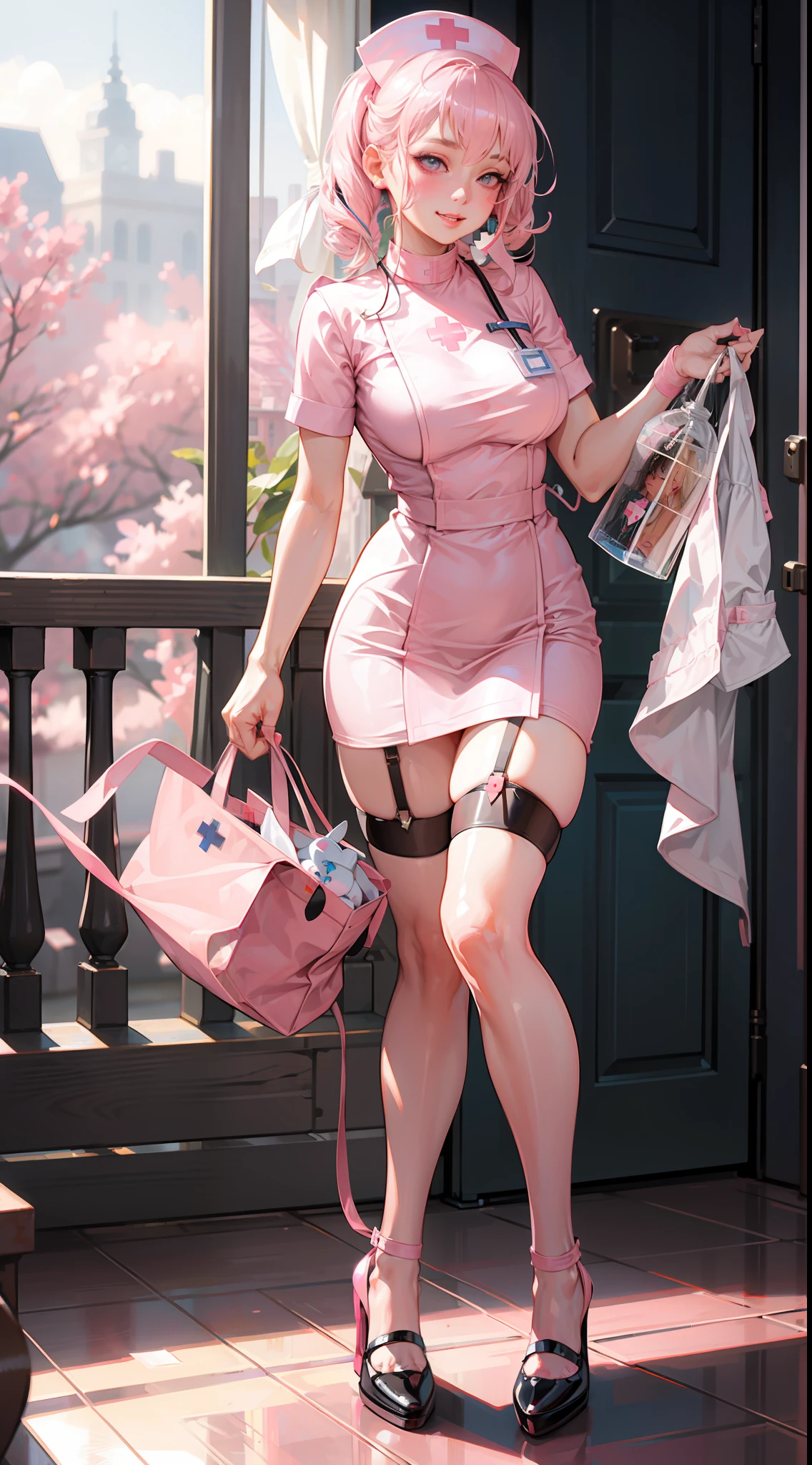 masterpiece, realistic, best quality, ultra high res, (photorealistic:1.4), (girl:1.5), ((FULL BODY)), (pink nurse:1.5), (((DETAILED FACE))), (SMILE:1.3), LOOKING TO VEIWER, LONG EYELASH, PUFFY EYES, aegyo sal, parted lips, (ulzzang-6500:0.5), very gorgeous, detailed shiny skin, garter straps, thigh strap, (PureErosFace_V1:0.7), trolley, drip stand,