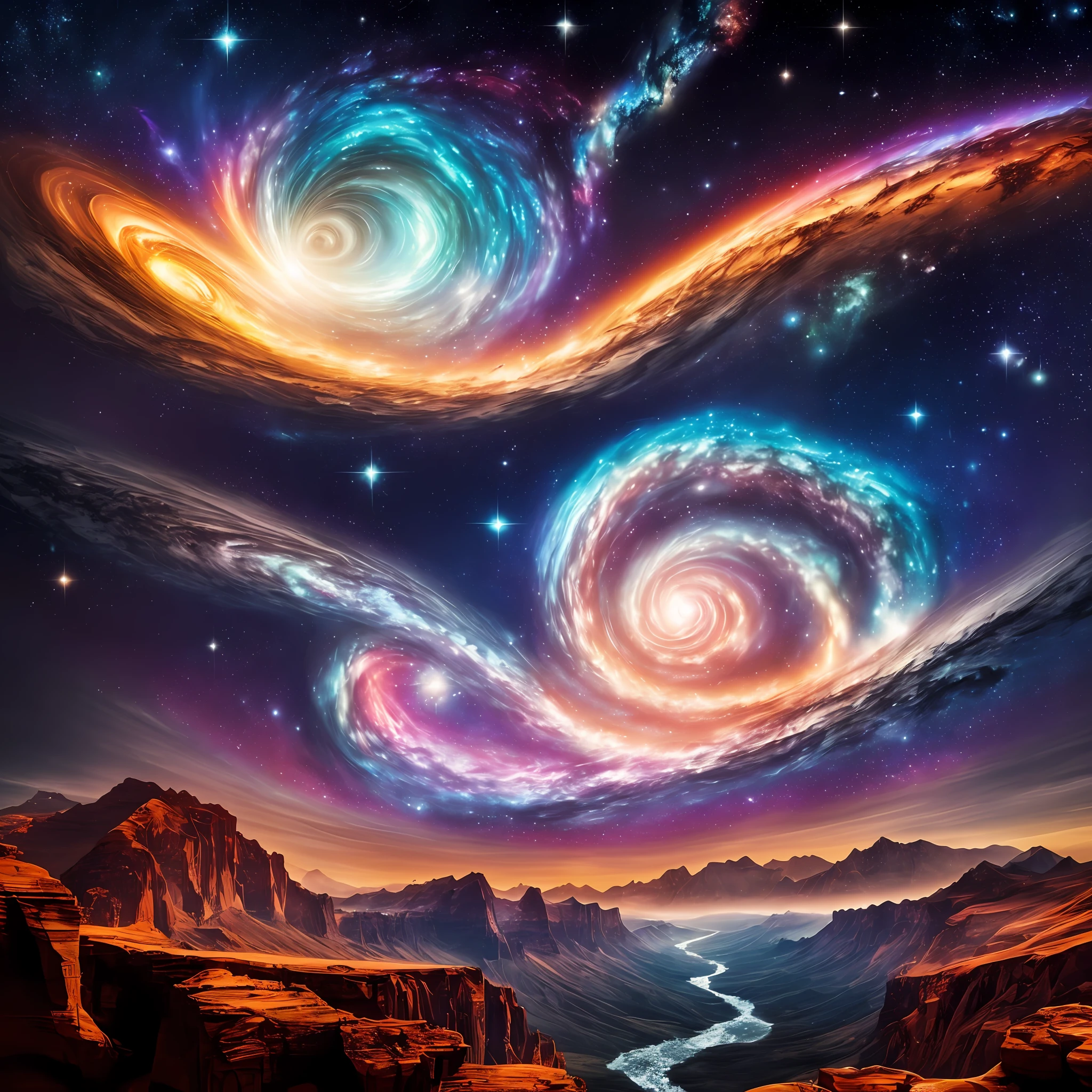 : Create a painting that captures the harmonious dance of celestial beings, each emitting vibrant melodies of light and color. Imagine a cosmic orchestra where stars, planets, and galaxies transform into magnificent musical instruments. Let your brushstrokes depict the fluid motions of cosmic conductors, orchestrating the symphony of the universe. In this otherworldly composition, explore the fusion of sight and sound, translating the celestial melodies into visual form. Embrace the unknown and let your imagination soar, unveiling a mesmerizing cosmic masterpiece that transcends the boundaries of human perception --auto
