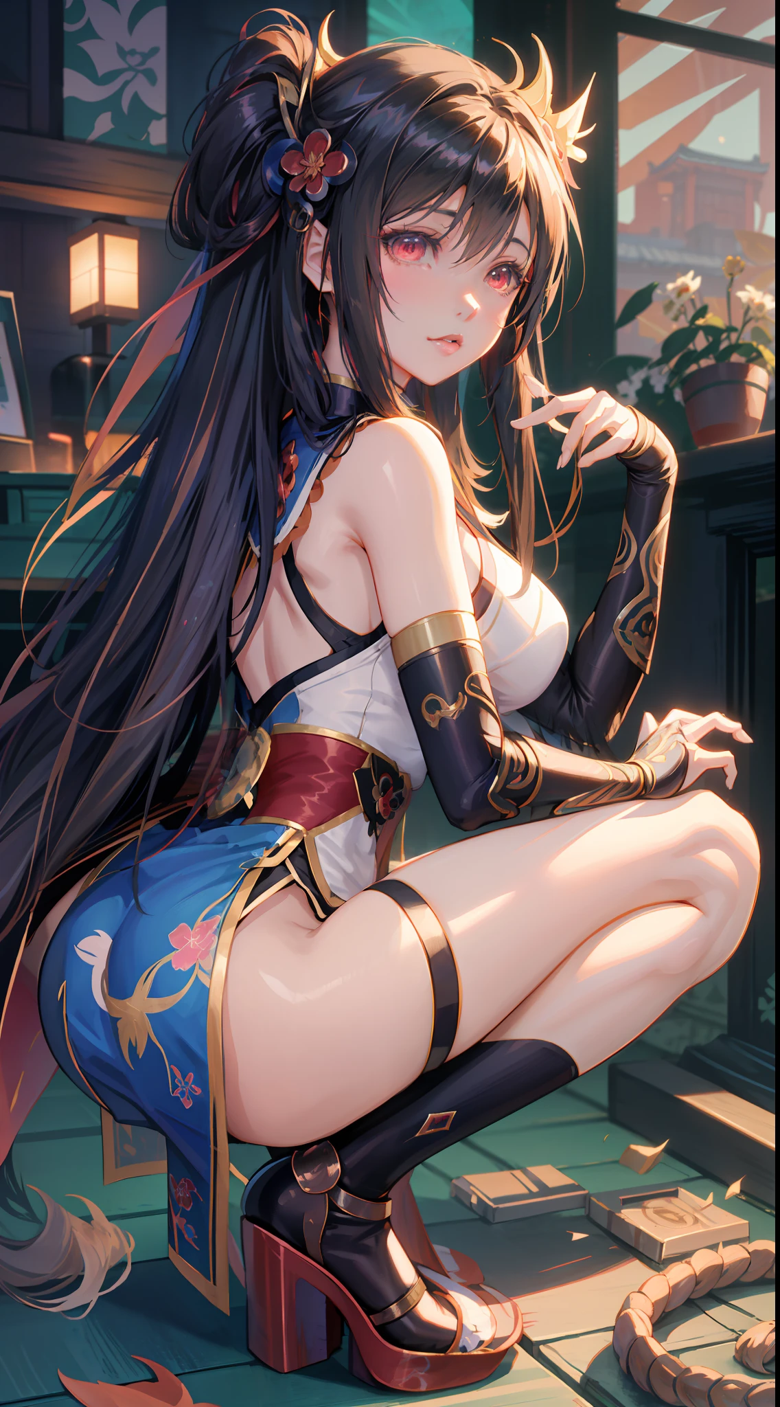 anime girl in a blue dress sitting on a red rug, beautiful anime girl squatting, seductive anime girl, by Yang J, beautiful alluring anime woman, keqing from genshin impact, extremely detailed artgerm, long elegant tail behind, the anime girl is crouching, guweiz, japanese goddess, trending on cgstation