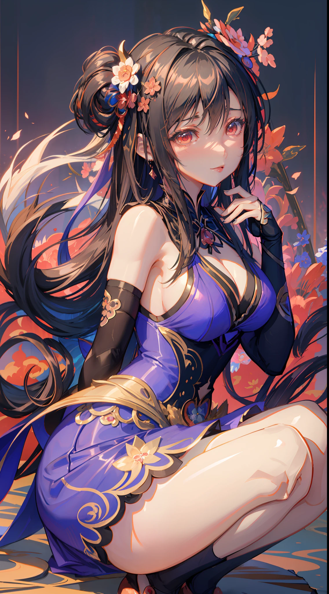 anime girl in a blue dress sitting on a red rug, beautiful anime girl squatting, seductive anime girl, by Yang J, beautiful alluring anime woman, keqing from genshin impact, extremely detailed artgerm, long elegant tail behind, the anime girl is crouching, guweiz, japanese goddess, trending on cgstation