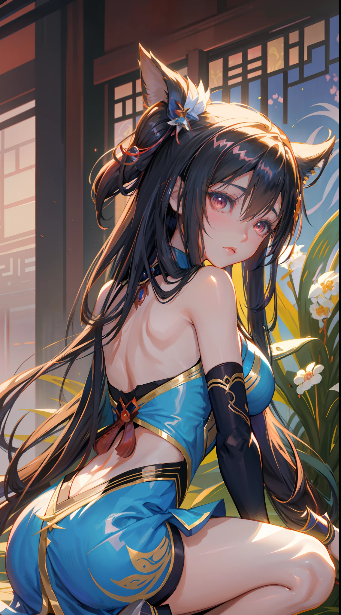 anime girl in a blue dress sitting on a red rug, beautiful anime girl squatting, seductive anime girl, by Yang J, beautiful alluring anime woman, keqing from genshin impact, extremely detailed artgerm, long elegant tail behind, the anime girl is crouching, guweiz, japanese goddess, trending on cgstation