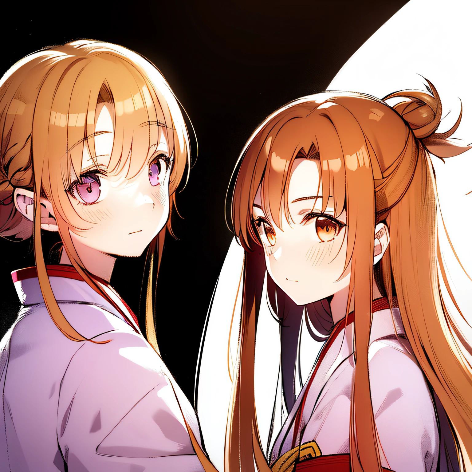 Kyuuketsuki Miyu (a young woman with brown hair, bangs not only on the front but on the sides, hair tied with a red band on the left side, short white kimono with a purple and red band) (Yellow eyes, bright)(bust portrait image ) --auto