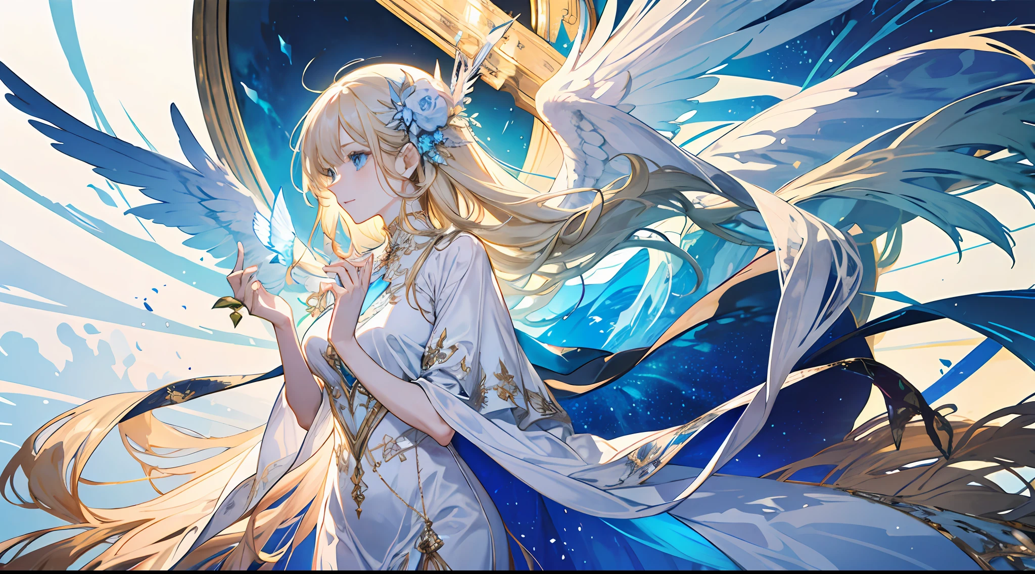 k, a libeautiful, otherworldly, elegant, blue eyes, full body, long blonde hair, simple dress, white and blue long dress, extreme details, golden streamer surrounding, angel descending, magic array, (three pairs of huge wings), masterpiece, concept art, hands open, facial details presented, upper body