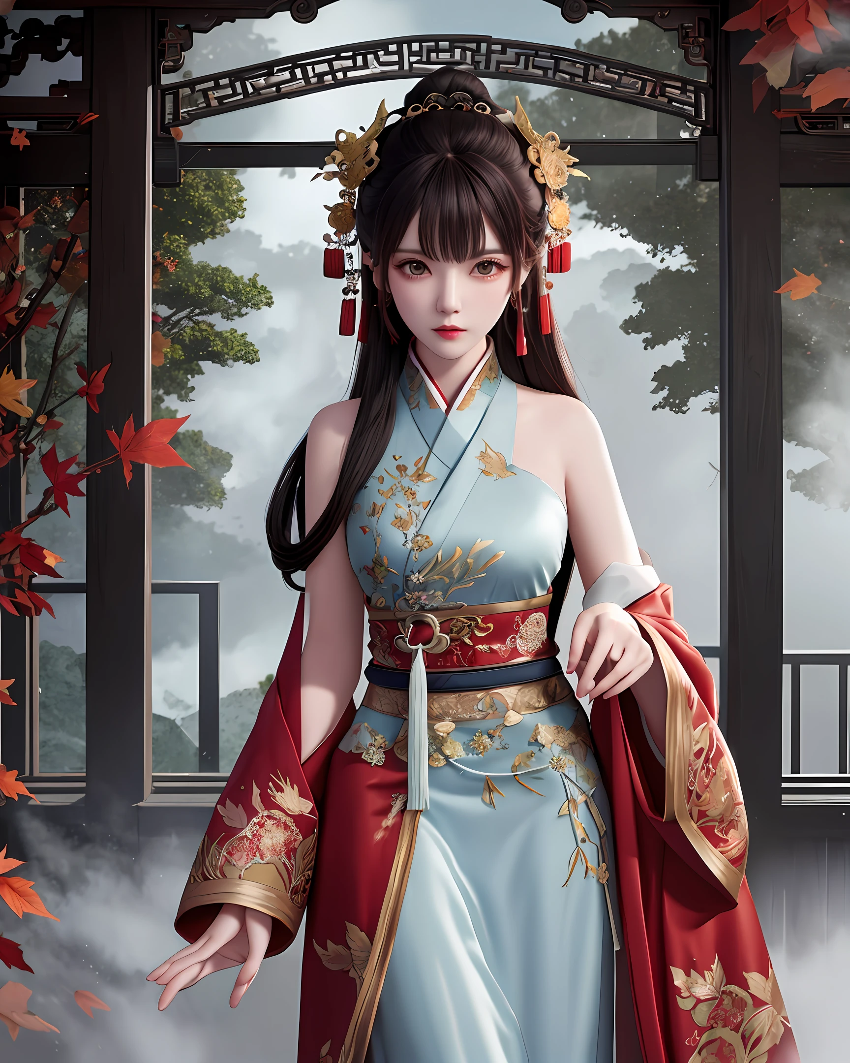Official Art, Unity 8k Wallpaper, Ultra Detailed, Beautiful, Beautiful, Masterpiece, Best Quality, Mystic, Romanticism, Horror, Literature, Art, Fashion, Tang Dynasty Era, Decoration, Intricate, Embroidery, Red Hanfu, Red Tulle Coat, 1 Girl, Black Hair, Red Hair Ornament, Melancholy, Faltain, Bust Composition, Dramatic Composition, Cinematic Lighting, Dynamic Perspective, Sexy, Full of Seduction, Maple Woods, Maple Leaves Falling, Cloudy Mist, Dramatic Composition