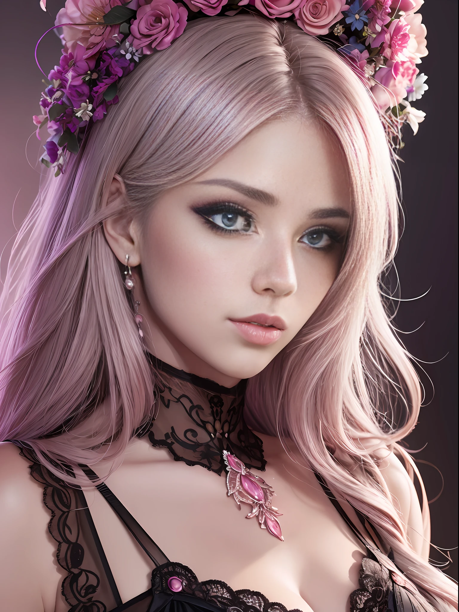 vibrant colors, (masterpiece, best quality, highres, ultra detailed), detailed face, detailed eyes, highly detailed skin, depth of field, cinematic lighting, best eyeshadow, 8k, highres, pink midi blush dress with a lace overlay and a dear neckline, long hair, intricate hairstyle, half up hair half down, delicate necklace