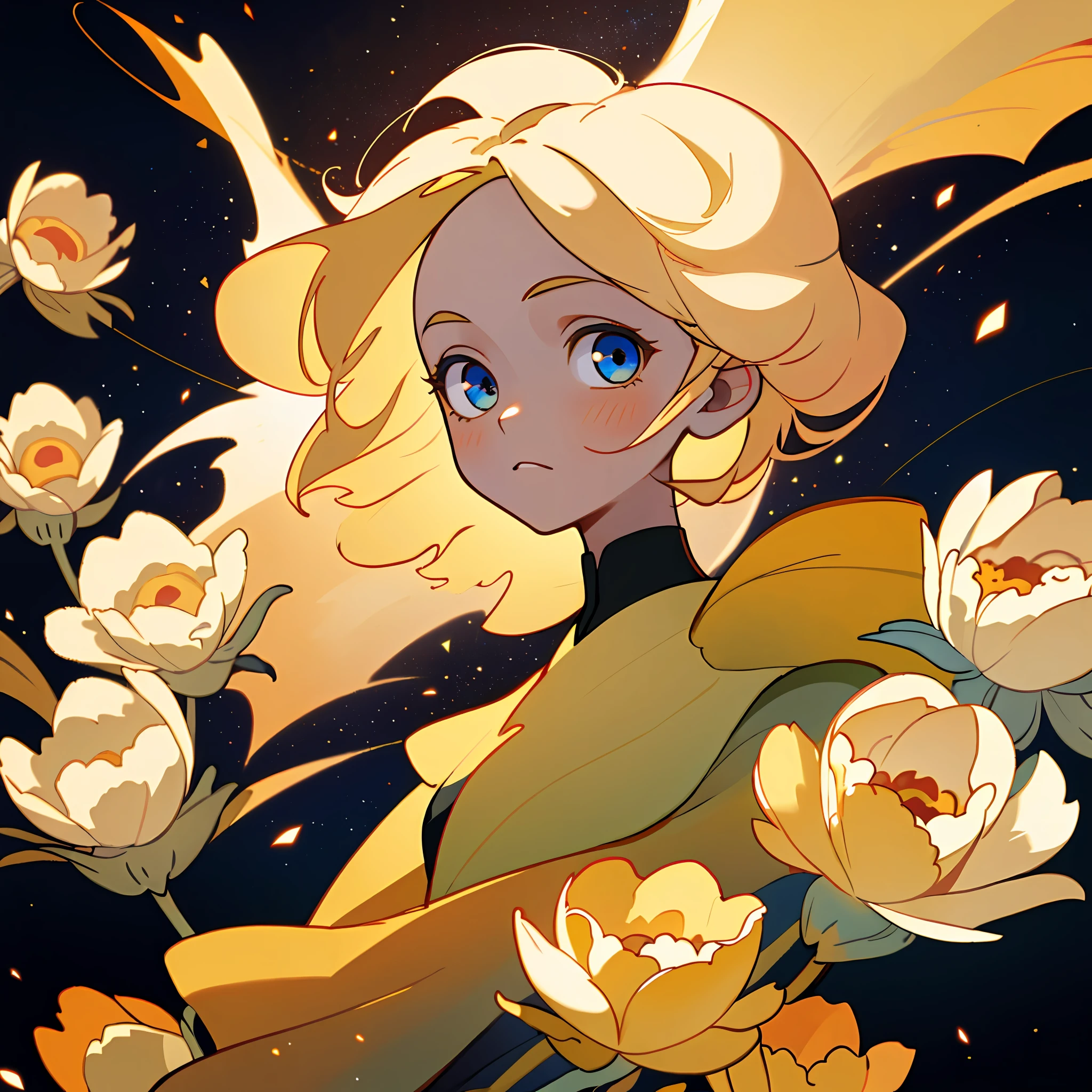 (best quality, masterpiece), 1girl, particle, wind, flower, upper body, dark simple background, looking at viewer, blonde, galaxy
