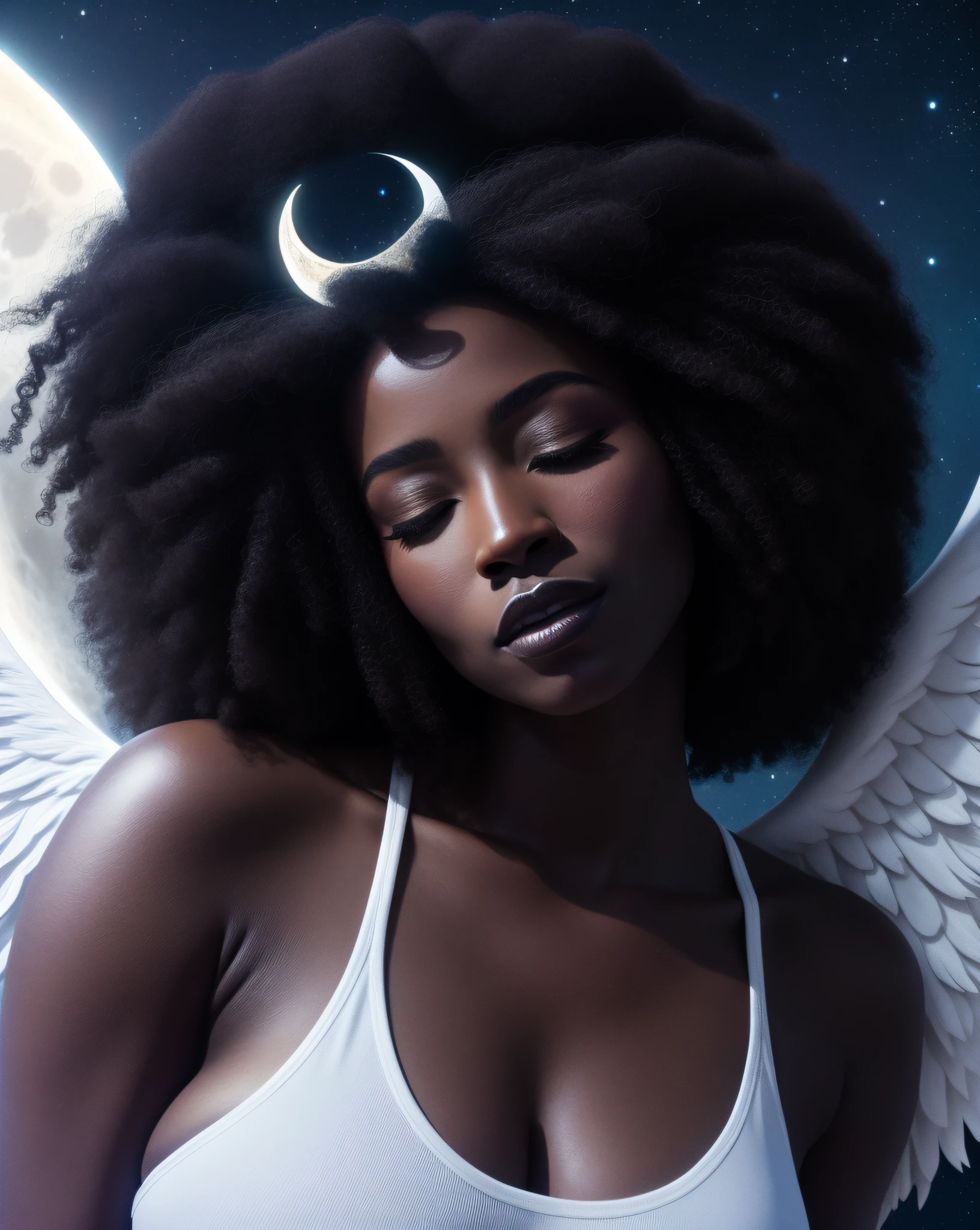 closed eyes there is a woman with an angel wings on her head, dark skin female goddess of love, moon goddess, afro futuristic, portrait of a dark goddess, afrocentric mysticism, lunar goddess, dark-skinned, dark skin, photo of a black woman, afrofuturistic, black woman, portrait of a norse moon goddess, dark black skin, dark skinned