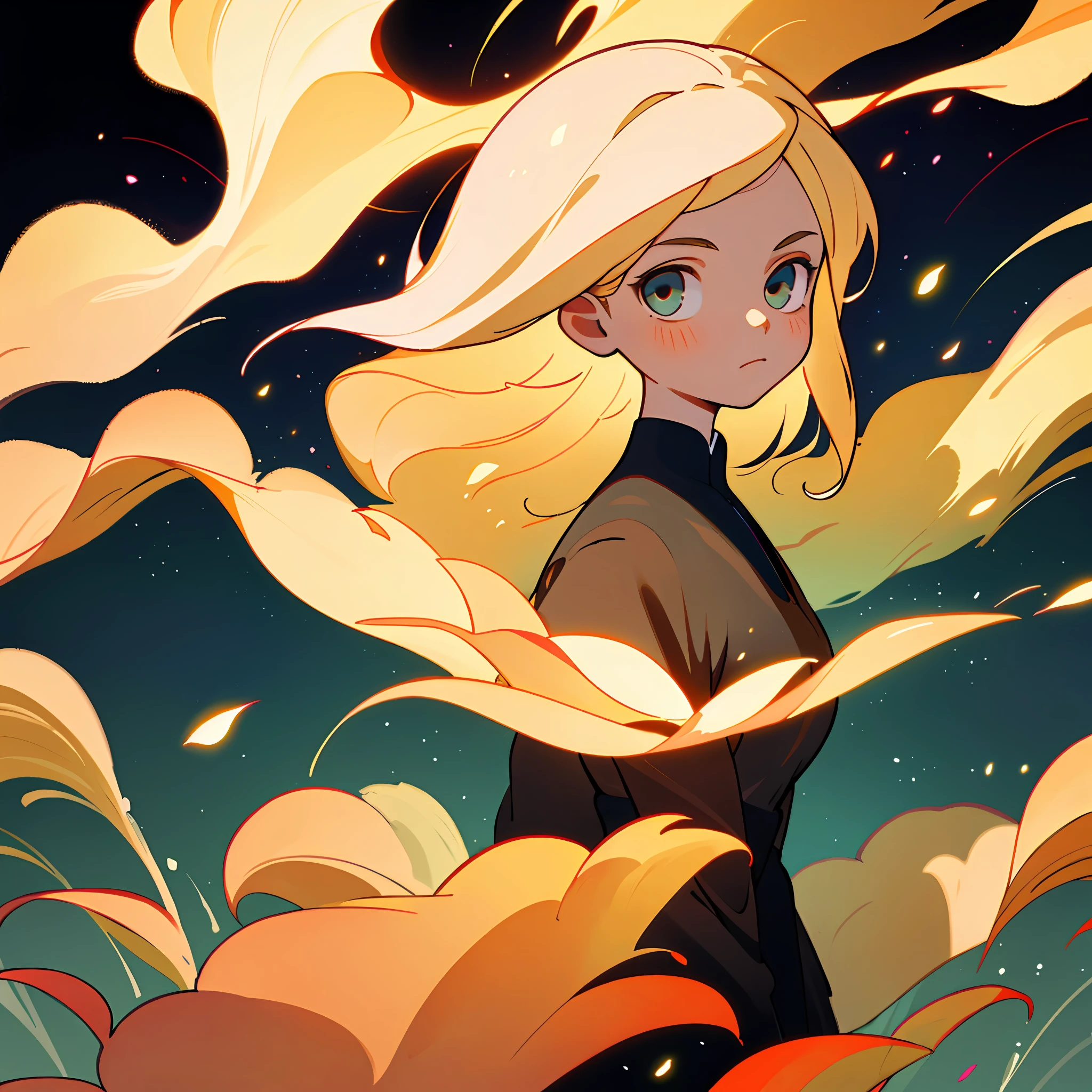 (best quality, masterpiece), 1girl, particle, wind, flower, upper body, dark simple background, looking at viewer, blonde, galaxy