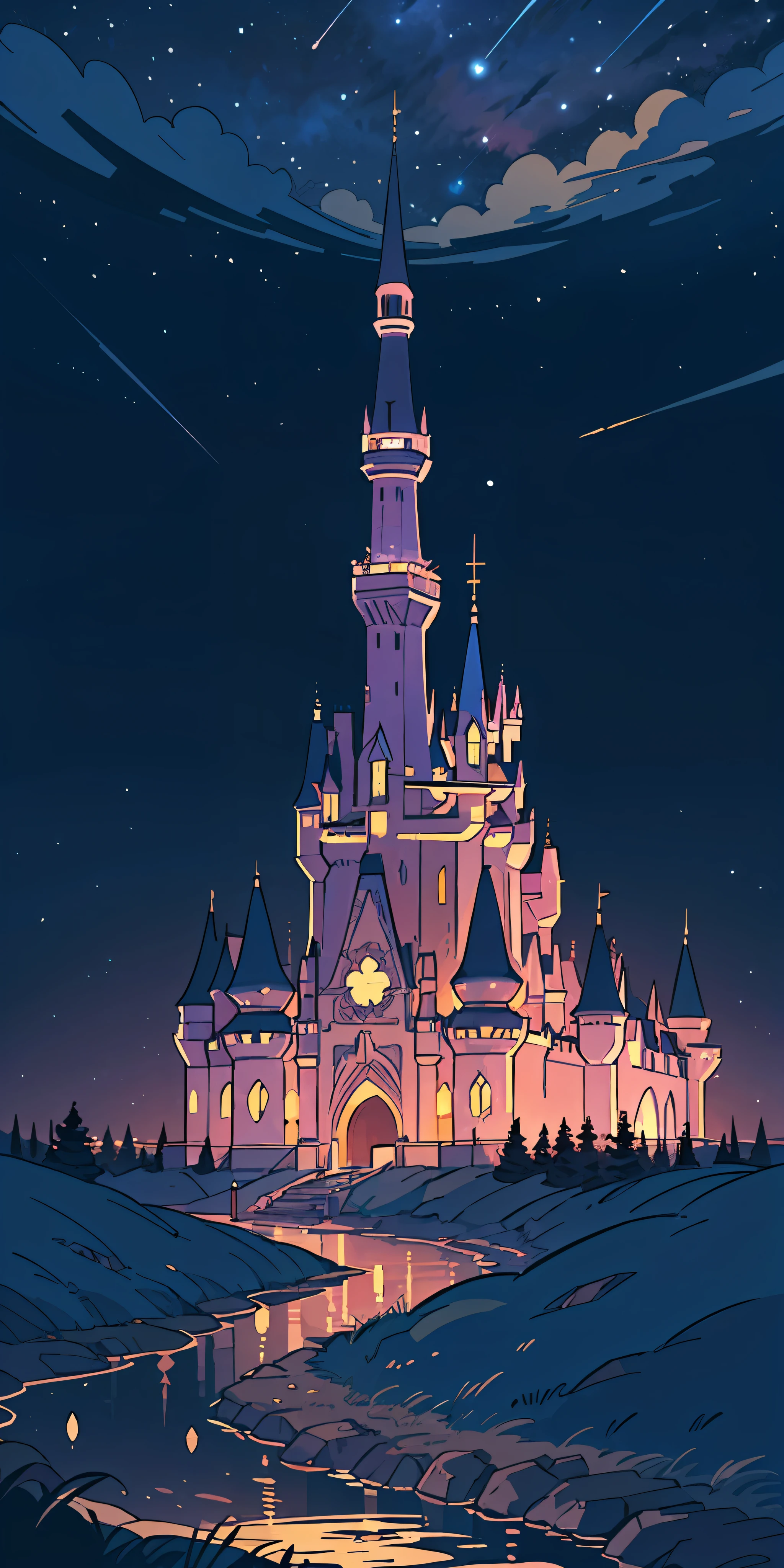 (deep in the night, deep in the night, deep in the night) I see a beautiful, detailed 8k 2D artwork with a sugary pink crystal castle, sparkling gold, and a fairytale landscape against a magical night sky