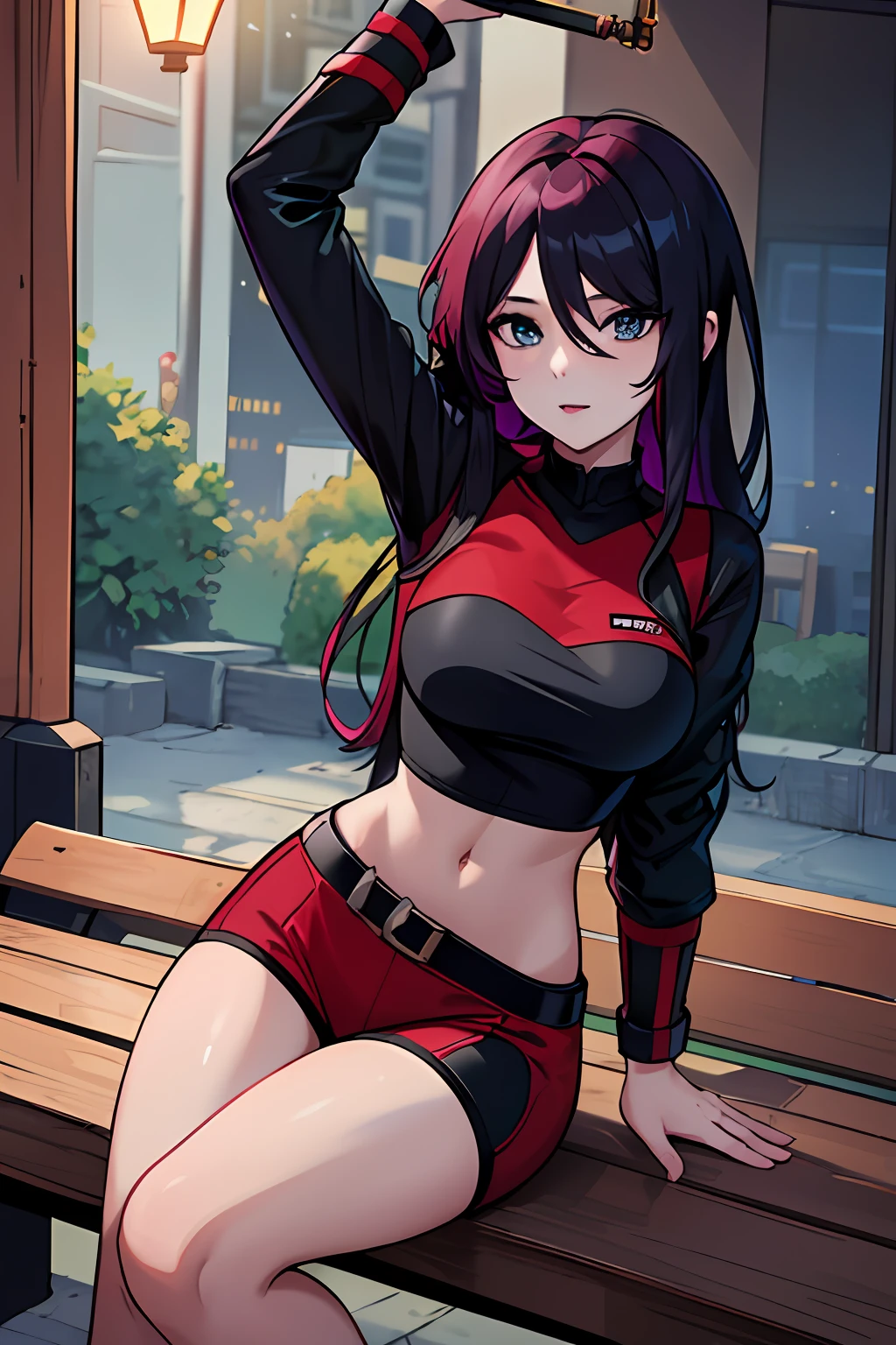 high resolution, professional lighting, a woman sitting on top of a wooden bench, female cyberpunk anime girl, very sexy outfit, cai xukun, physical : tinyest midriff ever, black red long hair, holding a pipe, vogue photo, anime proportions, she is dancing, shanghai, masterpiece, best quality