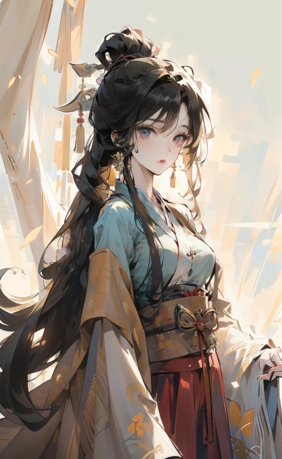 masterpiece, best quality, ((willow trees)), upper body, 1girl, standing, hanfu, detailed eyes, medium breasts, peaceful, looking at viewer, black hair,