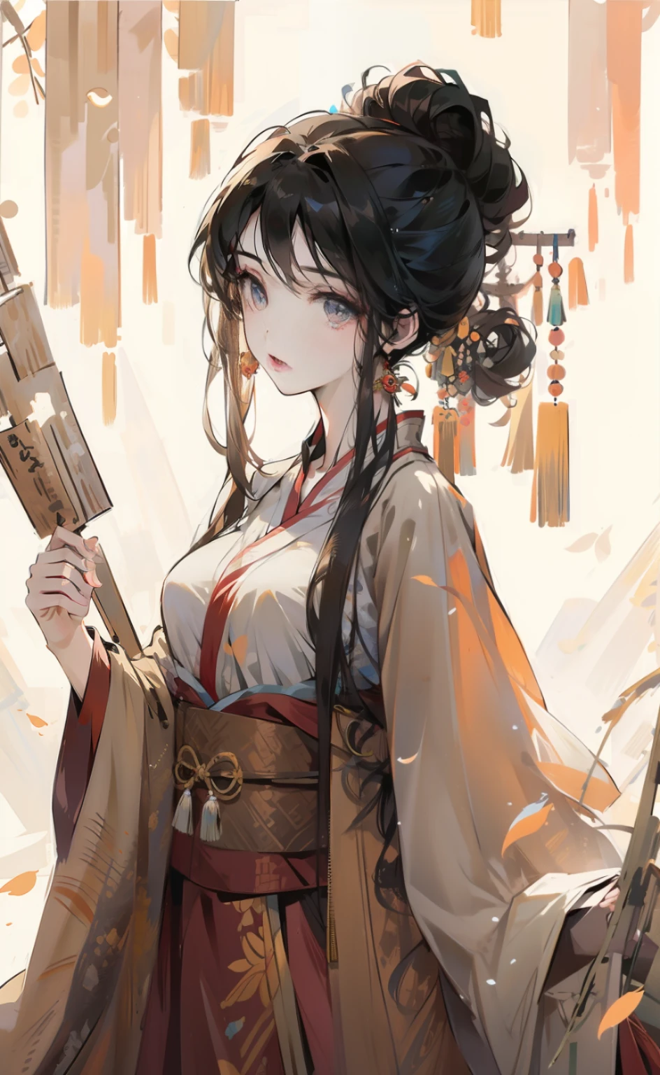 masterpiece, best quality, ((willow trees)), upper body, 1girl, standing, hanfu, detailed eyes, medium breasts, peaceful, looking at viewer, black hair,