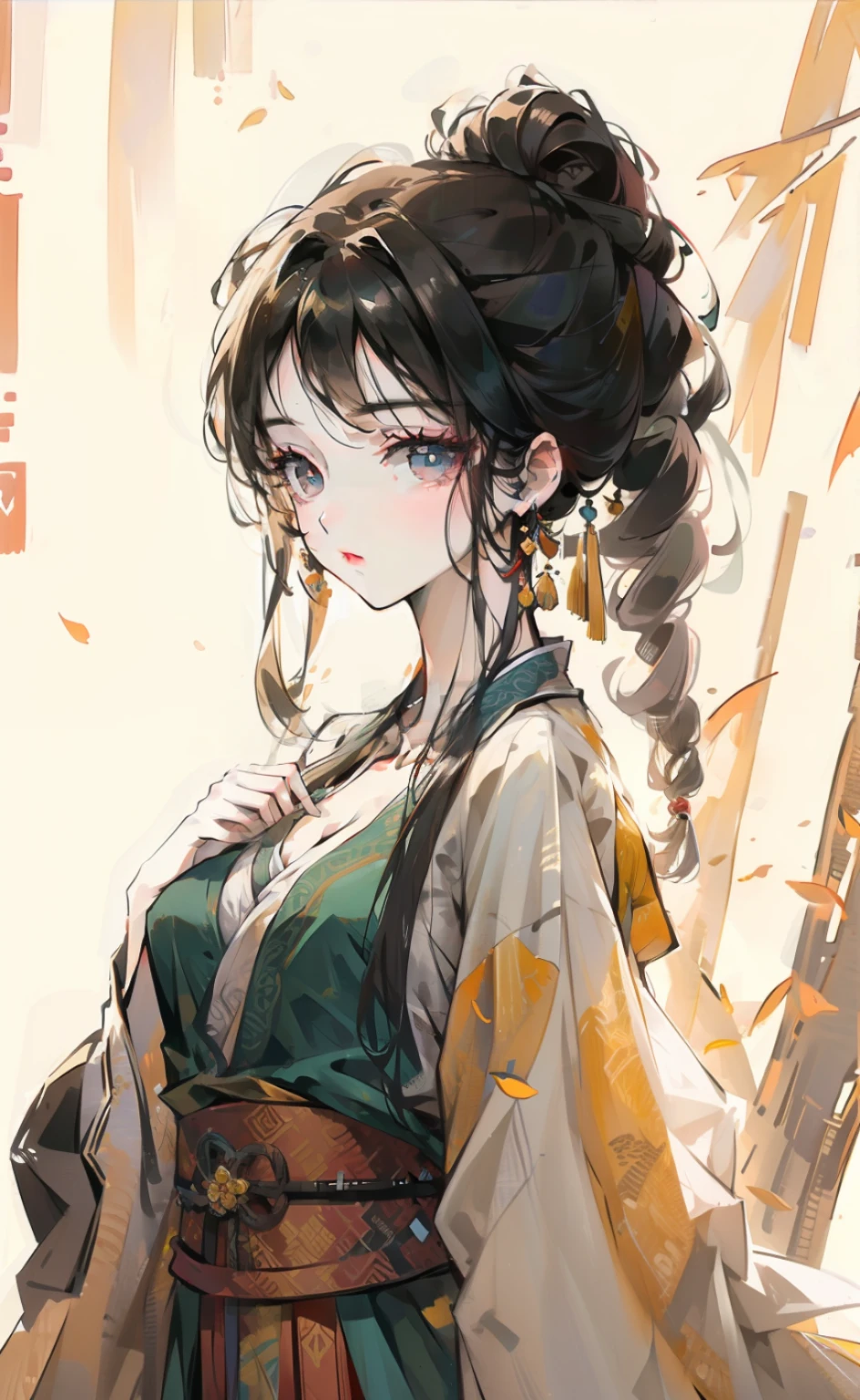 masterpiece, best quality, ((willow trees)), upper body, 1girl, standing, hanfu, detailed eyes, medium breasts, peaceful, looking at viewer, black hair,