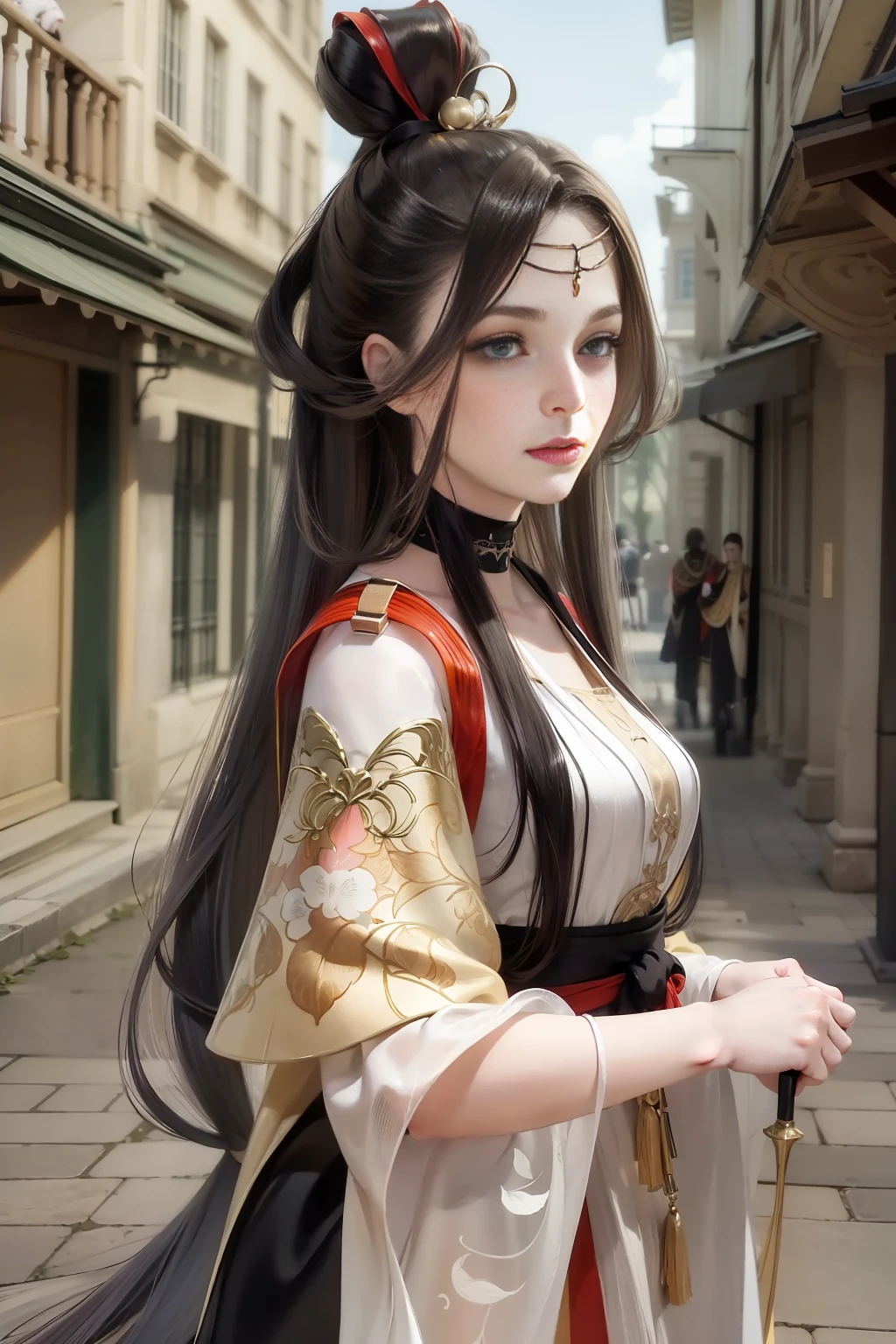Antique Woman image, tall, white complexion, Long hair like ink, Eyebrows are beautiful, The lip color is dark red, Eyes tax profit, Noble temperament. The hairstyle is usually draped with long hair, Sometimes a black ribbon is used to tie the hair into a ponytail. Wear black or crimson knightly costumes, holding a long sword, Stand on an ancient street. Depth of field highlights people, Available in antique or 3D illustration style. Use an HD camera, Good light, Large aperture, Fast shutter speed, ISO is increased appropriately.