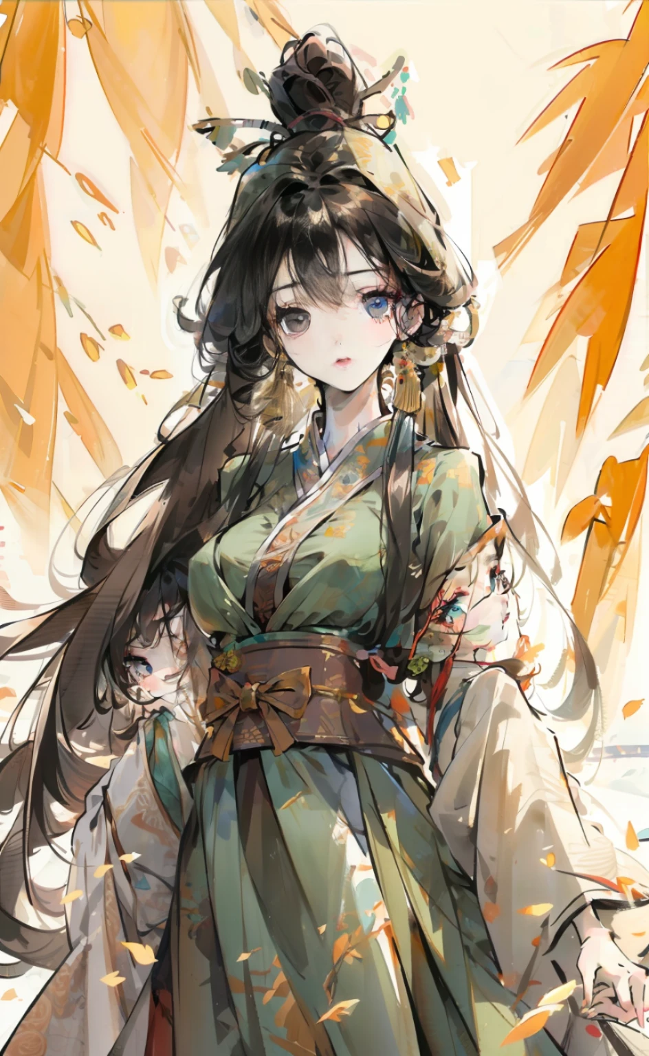 masterpiece, best quality, ((willow trees)), upper body, 1girl, standing, hanfu, detailed eyes, medium breasts, peaceful, looking at viewer, black hair,