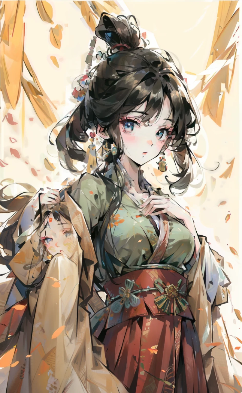 masterpiece, best quality, ((willow trees)), upper body, 1girl, standing, hanfu, detailed eyes, medium breasts, peaceful, looking at viewer, black hair,