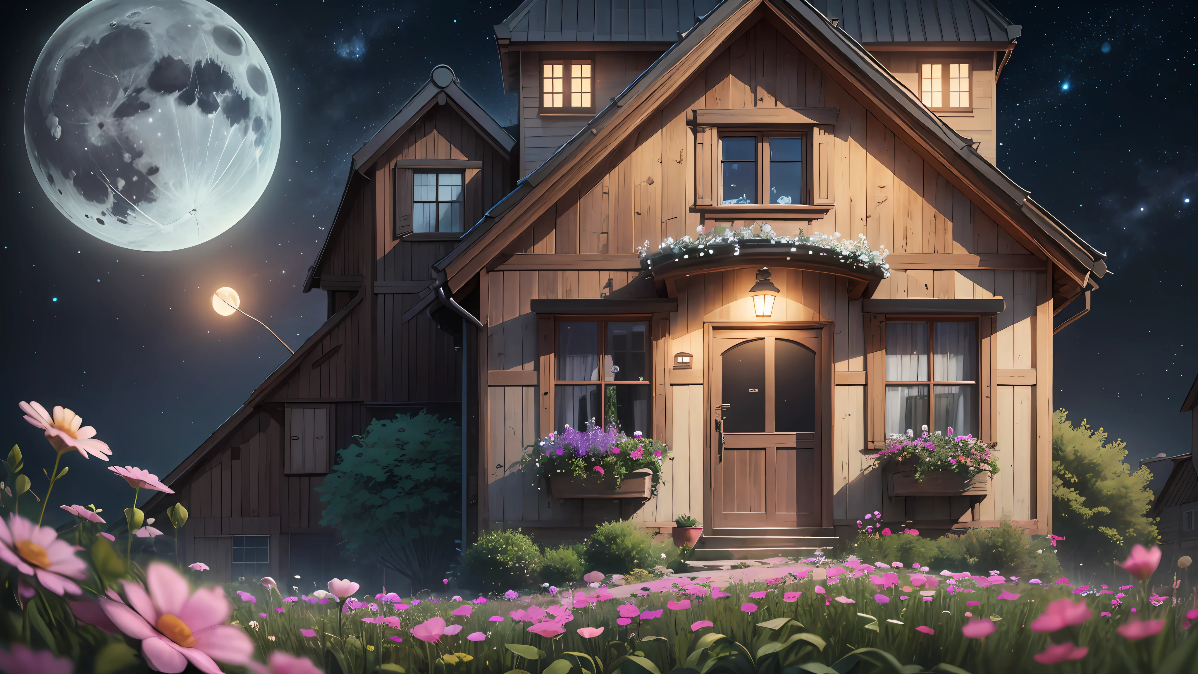 Cartoon HD, looking at the simple house in front of you, you can't help but be enchanted. night with a beautiful moon. Closer inspection reveals intricate details such as tiny flowers blooming in front and thin drapes framing the windows. As you marvel at the sight before you, 8K, Ultra-HD, --auto --s2
