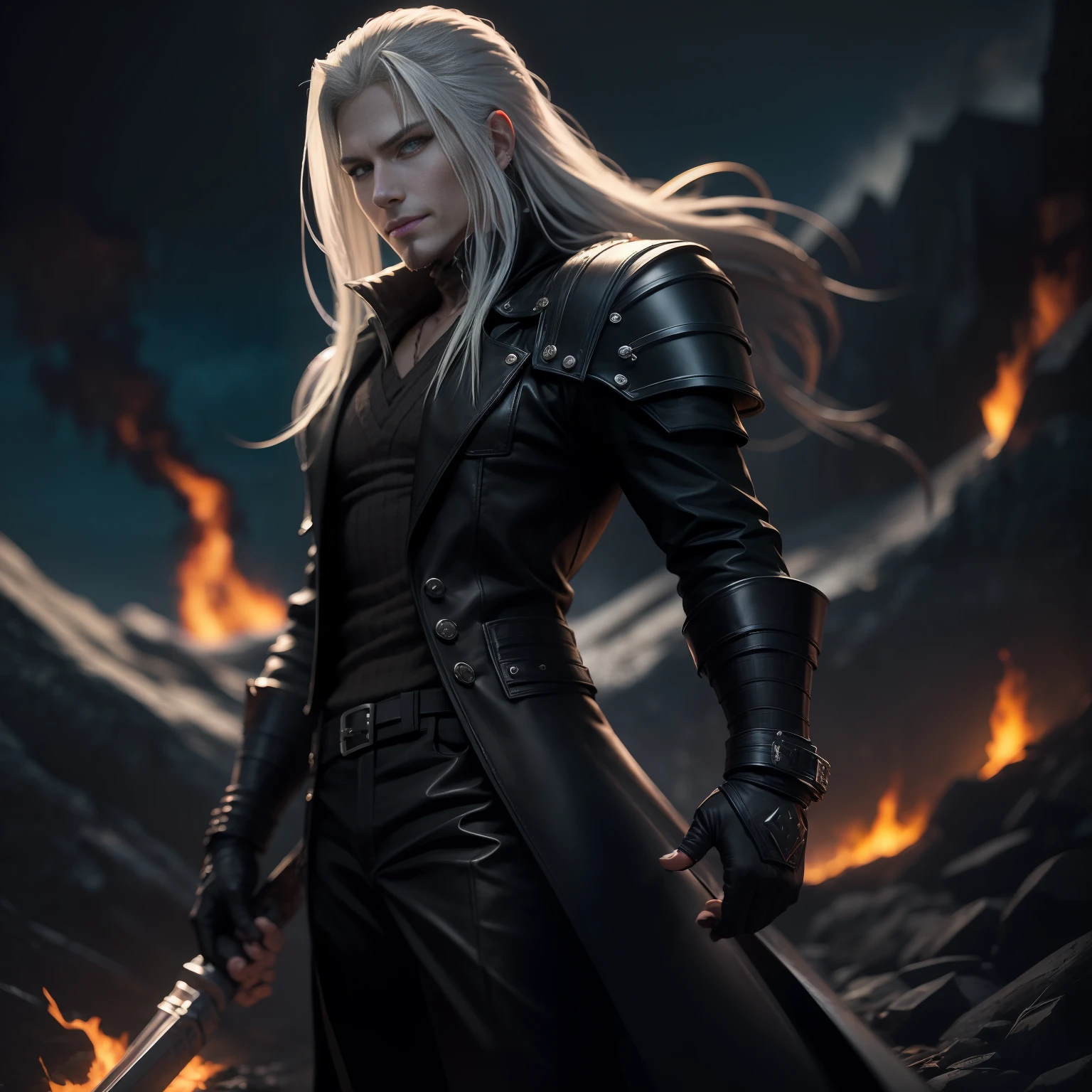 A masterpiece, Sephiroth from Final Fantasy VII, Wearing a perfect black suit, perfect black boots, Perfect Long Black Jacket, at a valley, at night with full moon at the back, evil smirking, perfect body, deteiled and intrincicatet, surrended by fire and flames, bioluminicense, hd