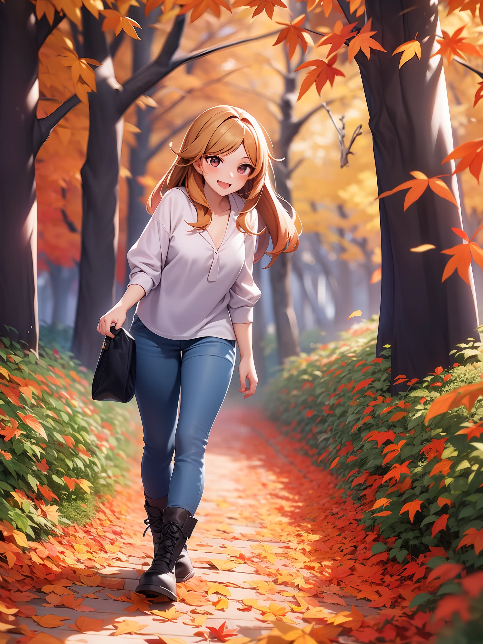 A charming girl is having fun while gathering autumn leaves. She is dressed in comfortable clothes such as a long-sleeved blouse, pants and boots suitable for the weather. The girl smiles as she walks through the park, noting the vibrant color palette of the leaves falling from the trees. With a concentrated gaze, she bends down to pick up the golden, red, and orange leaves that pile up on the ground. As she joins the leaves, she creates a cheerful, colorful pile next to her. Her hair sways gently in the autumnal breeze, and the sun shines on her, enhancing her natural beauty. The atmosphere is serene and tranquil, with the sound of the dried leaves under your feet and the characteristic aroma of the season. The girl enjoys the moment, appreciating nature and the simplicity of gathering the autumn leaves.