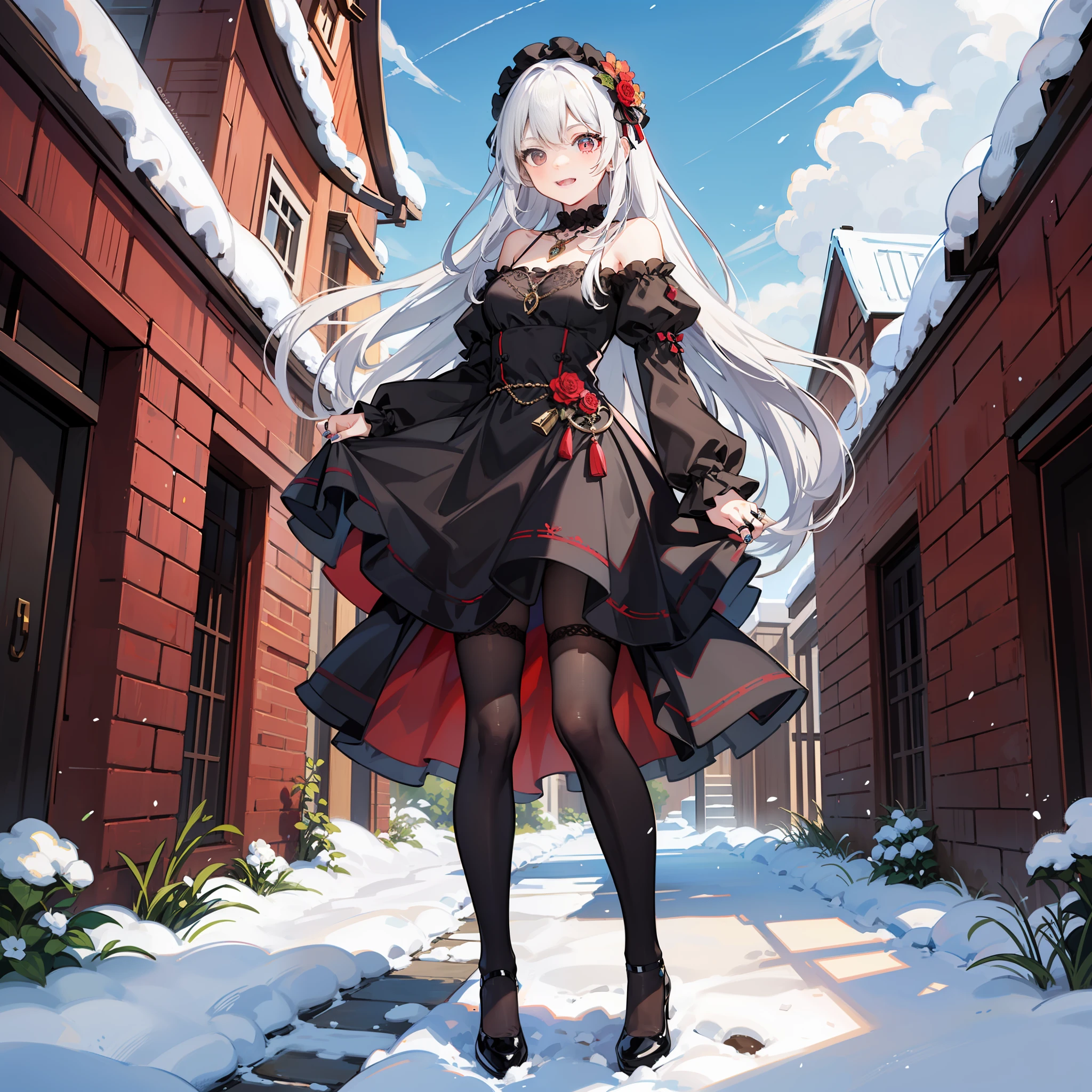 Spring, sunny, girl, with snow-white hair, crimson eyes, joyful expression, with a pendant, (((ring,))) dressed in a black dress with a red pattern on the dress, standing in the garden, slender black stockings, shoes