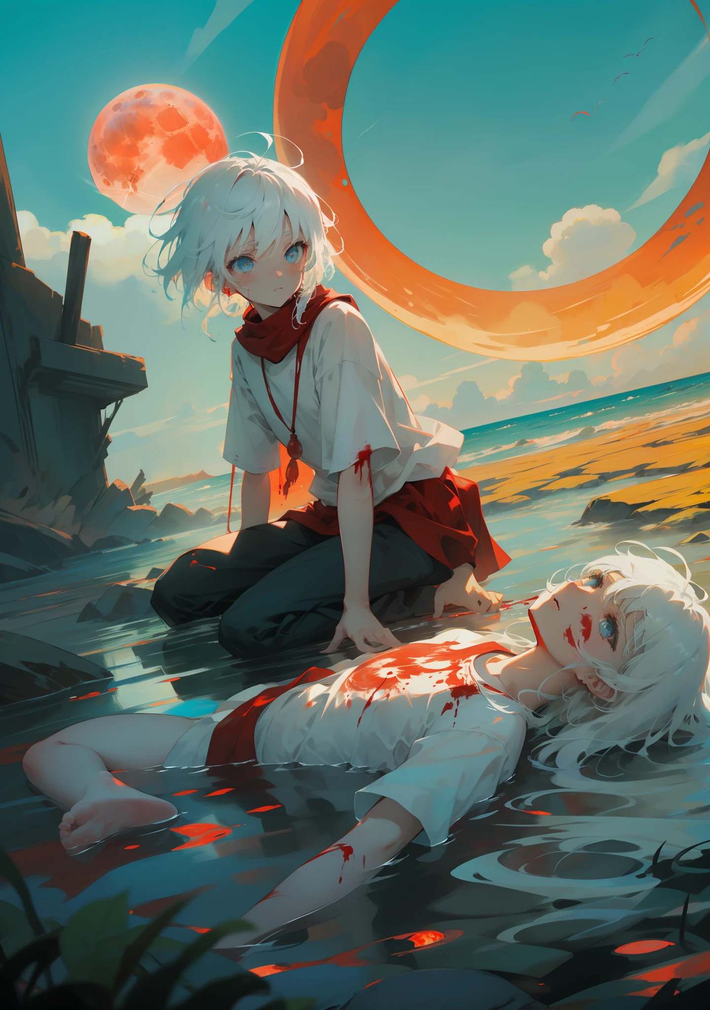 (4k), white-haired, blue-eyed, barefoot little Shota, lying in a sea of blood, surrounded by a red color, blood moon in the sky, mist light, bright colors, movie shot, 2D