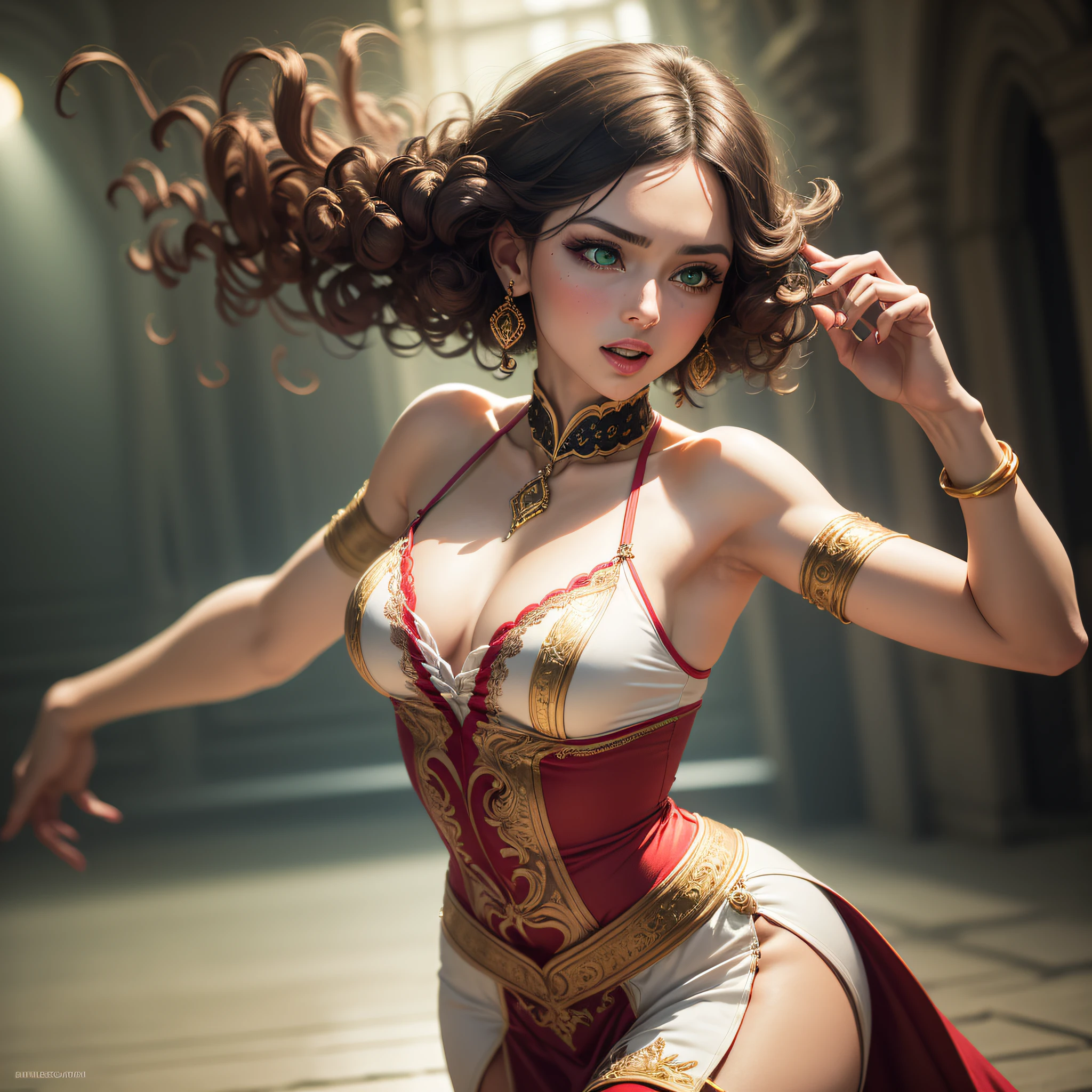 In a vibrant Spanish setting, a tango dancer captivates everyone with her energy and passion. Her fluid and expressive movements are enhanced by the traditional Spanish dress, which displays vivid colors and ornate details. Her curly hair falls softly over her shoulders, while her green eyes shine brightly.