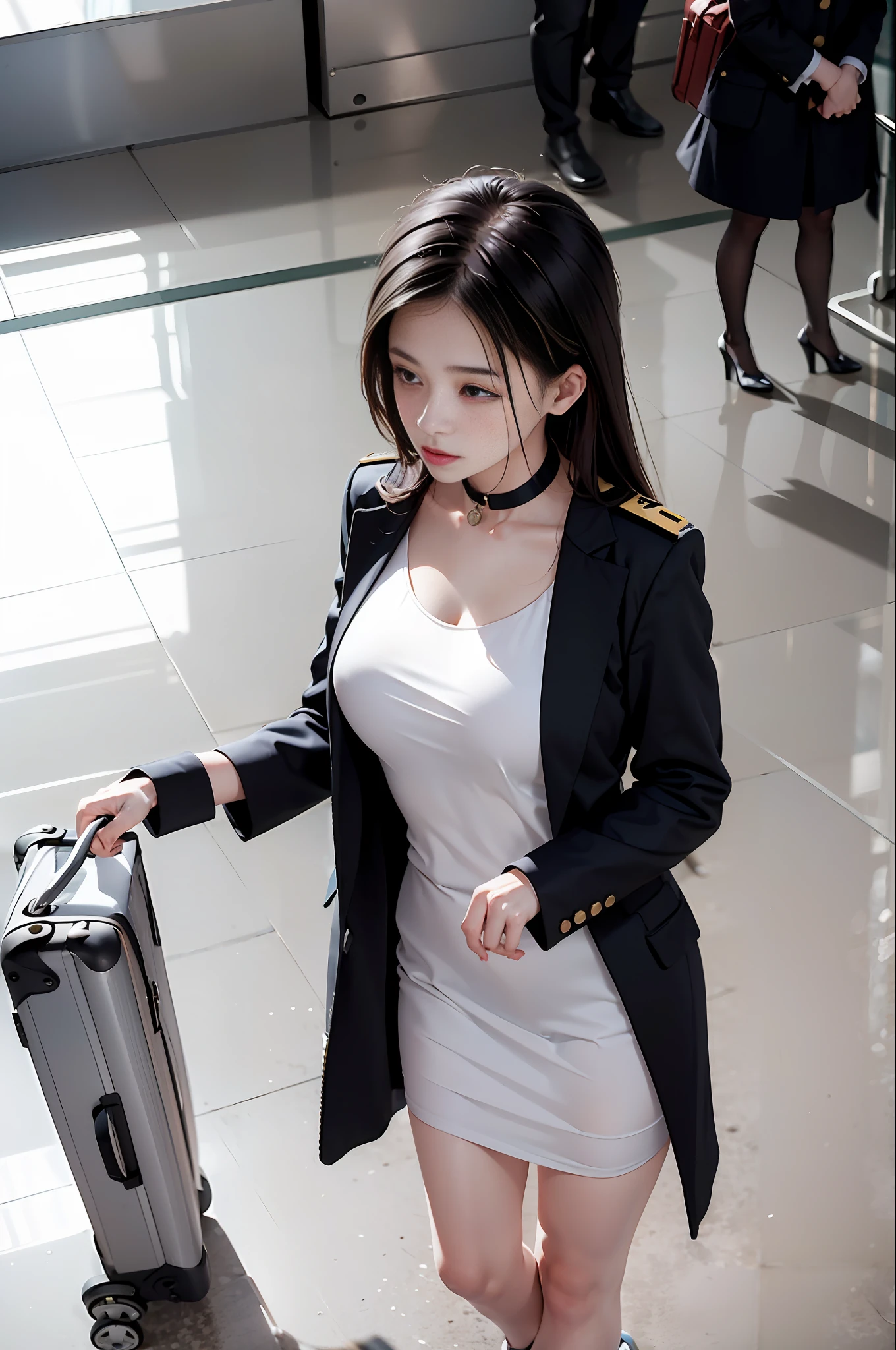 dramatic, 1girl, 16 years old Korean cute girl, uniform, (airport, runway, terminal, boarding pass, security check, baggage claim, duty-free shop), from above, big breasts, half leaky