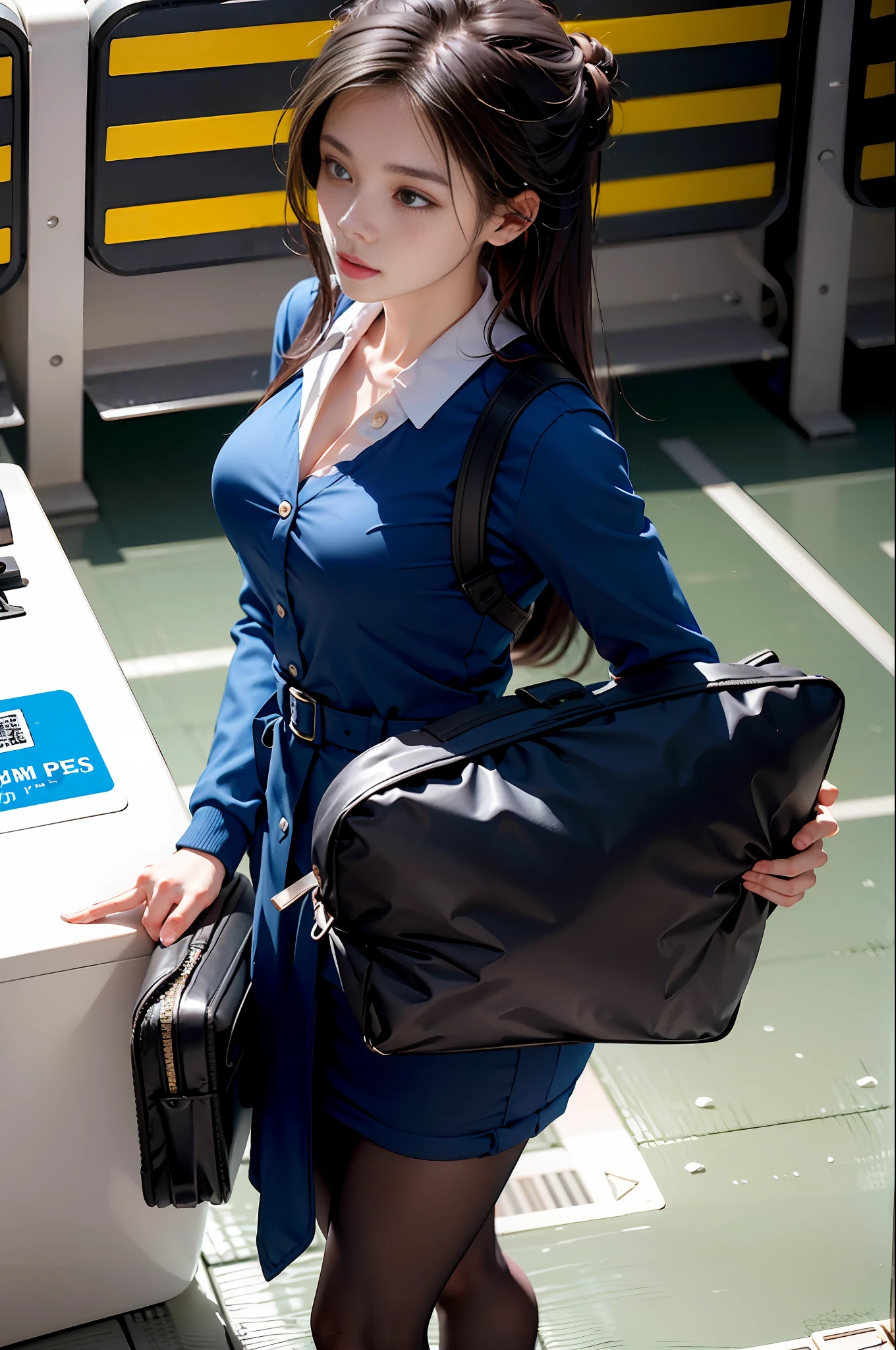 dramatic, 1girl, 16 years old Korean cute girl, uniform, (airport, runway, terminal, boarding pass, security check, baggage claim, duty-free shop), from above, big breasts, half leaky