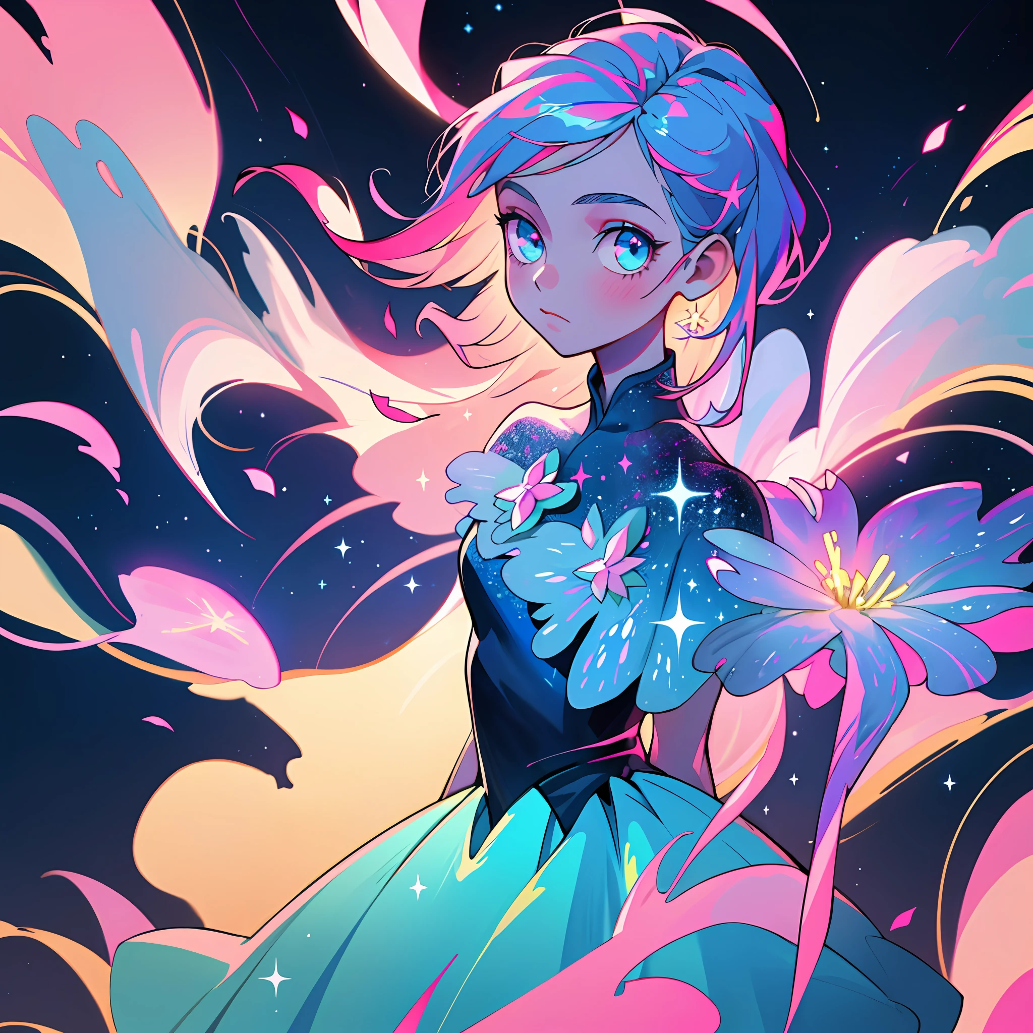(best quality, masterpiece), 1girl, galaxy, glitter, dress, particle, wind, flower, upper body, dark simple background, looking at viewer, (blue-pink theme)
