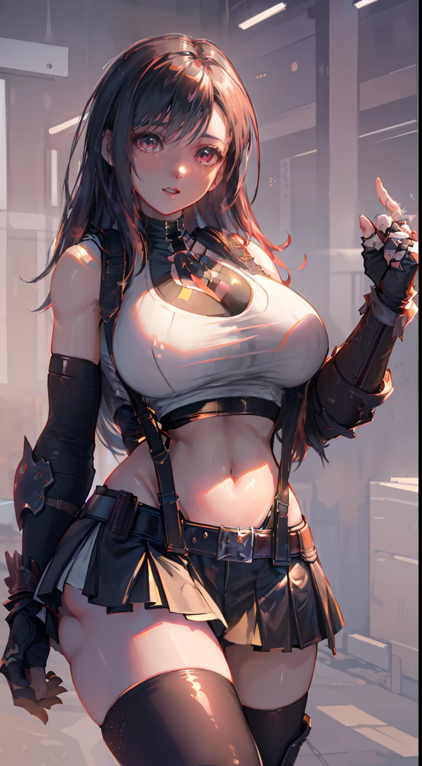 Unreal Engine 5 Realistic Render, (masterpiece, best quality), intricate details, (Best quality)), ((masterpiece)), ((realistic)), (hyperrealism:1.2), (fractal art:1.2), 
1girl, 7rtifa, crop top, arm guards, fingerless gloves, suspenders, pleated miniskirt, black thighhighs, red boots 
extreme detailed eyes, colorful, highest detailed, 
vibrant colors, high contrast,
(8K UHD:1.2), (photorealistic:1.2), beautiful face, top body is hyper realistic thicc muscle and hyper largest_breasts!! with the type of boobs_melons, lower is huge buttocks, wet shiny body