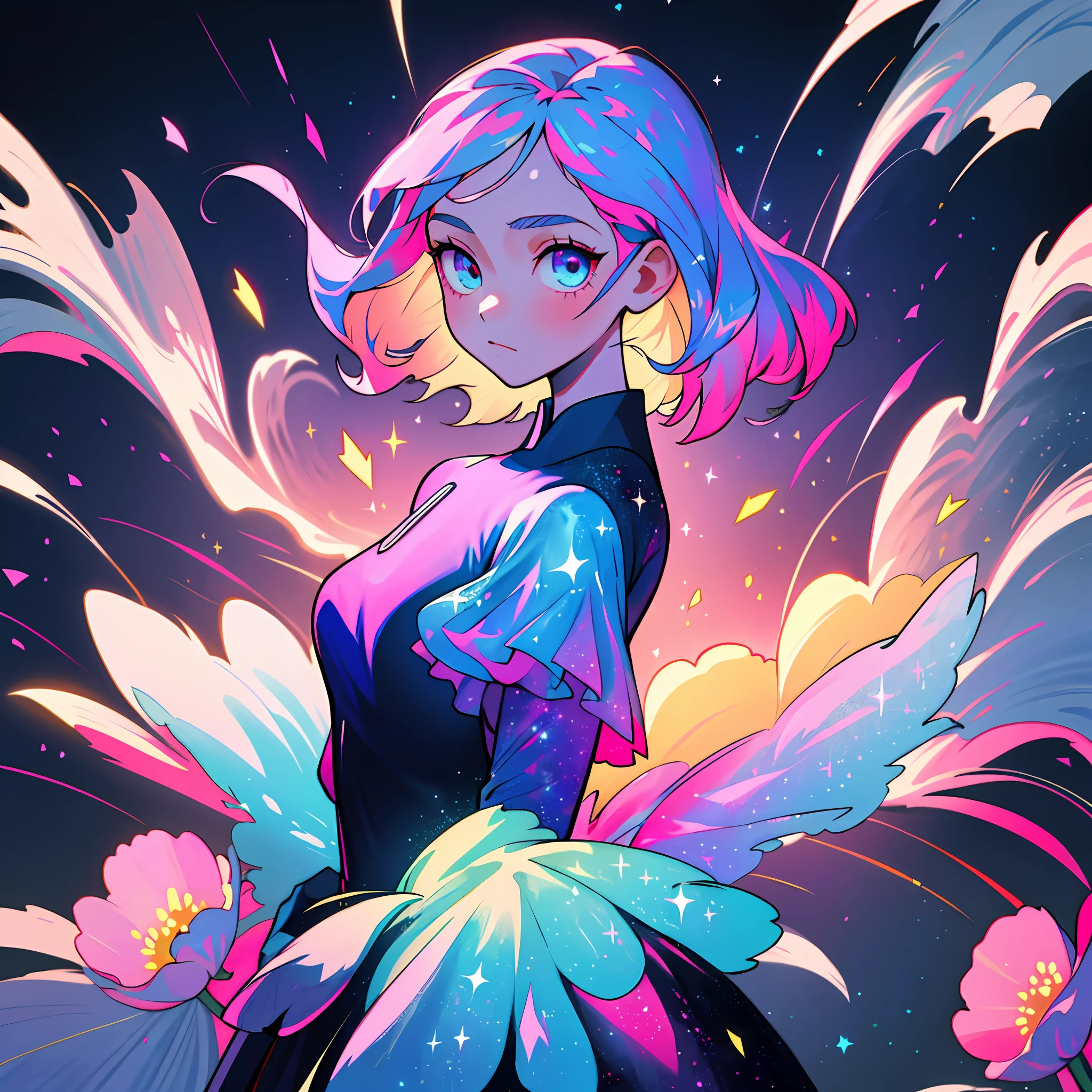 (best quality, masterpiece), 1girl, galaxy, glitter, dress, particle, wind, flower, upper body, dark simple background, looking at viewer, (blue-pink theme)