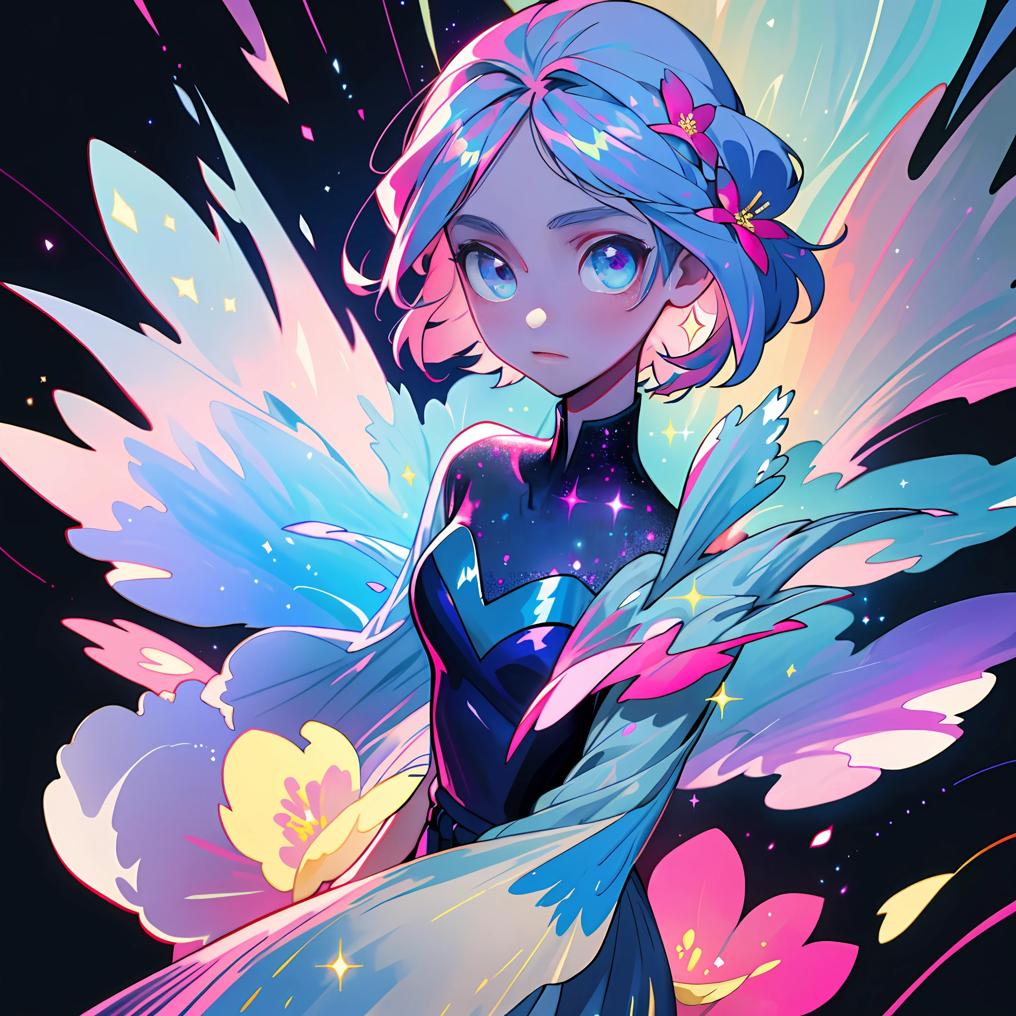 (best quality, masterpiece), 1girl, galaxy, glitter, dress, particle, wind, flower, upper body, dark simple background, looking at viewer, (blue-pink theme)