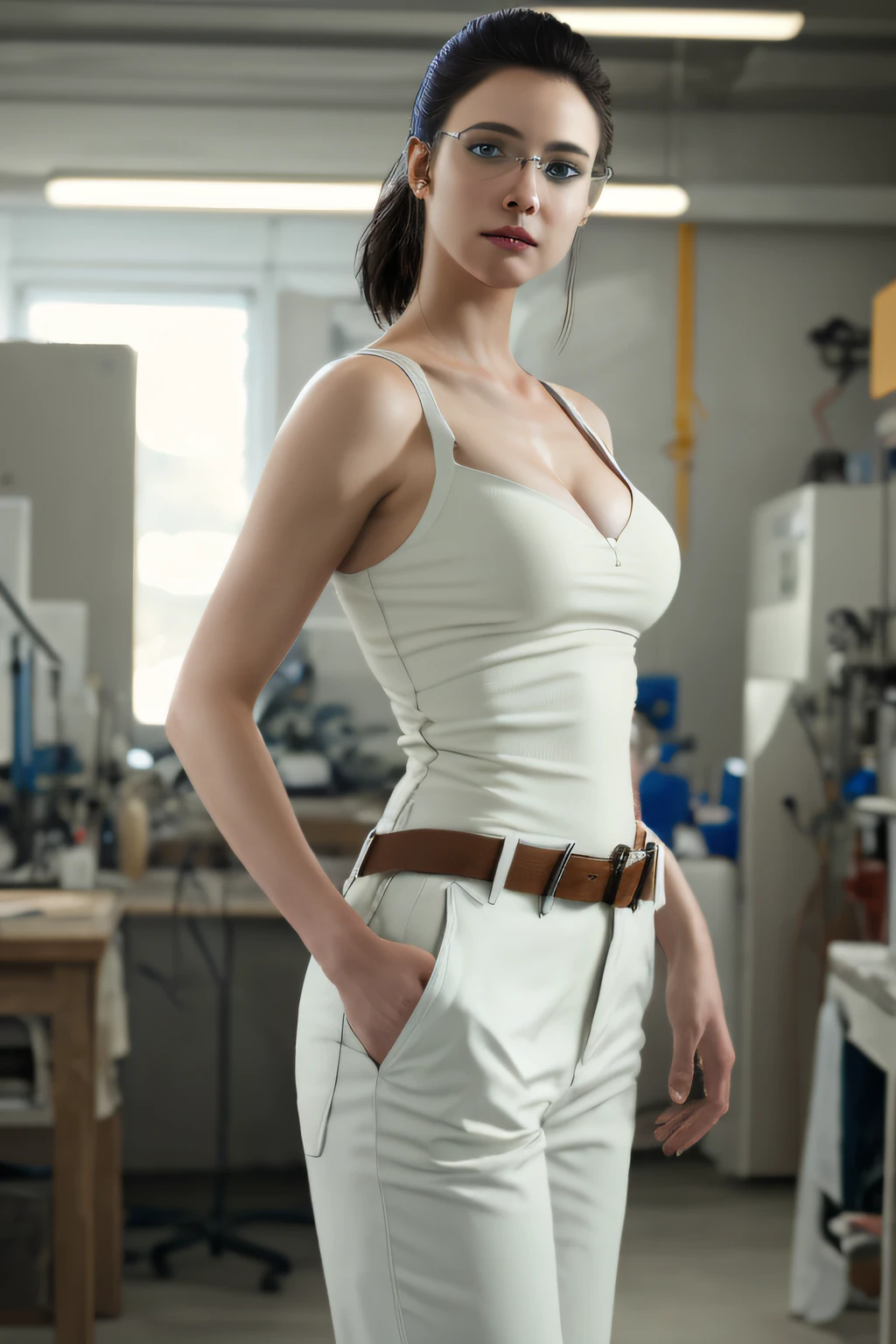 full-body photo of a (elegant) lady standing in studio laboratory, white top,cleavage,
work pants,Cloth Belt, glasses, closed mouth,(smiling eyes:0.2),looking at viewer,
(masterpiece, best quality:1.2), absurdres, perfect artwork, trending on artstation, highly detailed, delicate, (realistic, photo-realistic:1.37), portrait, light on face, detailed face,