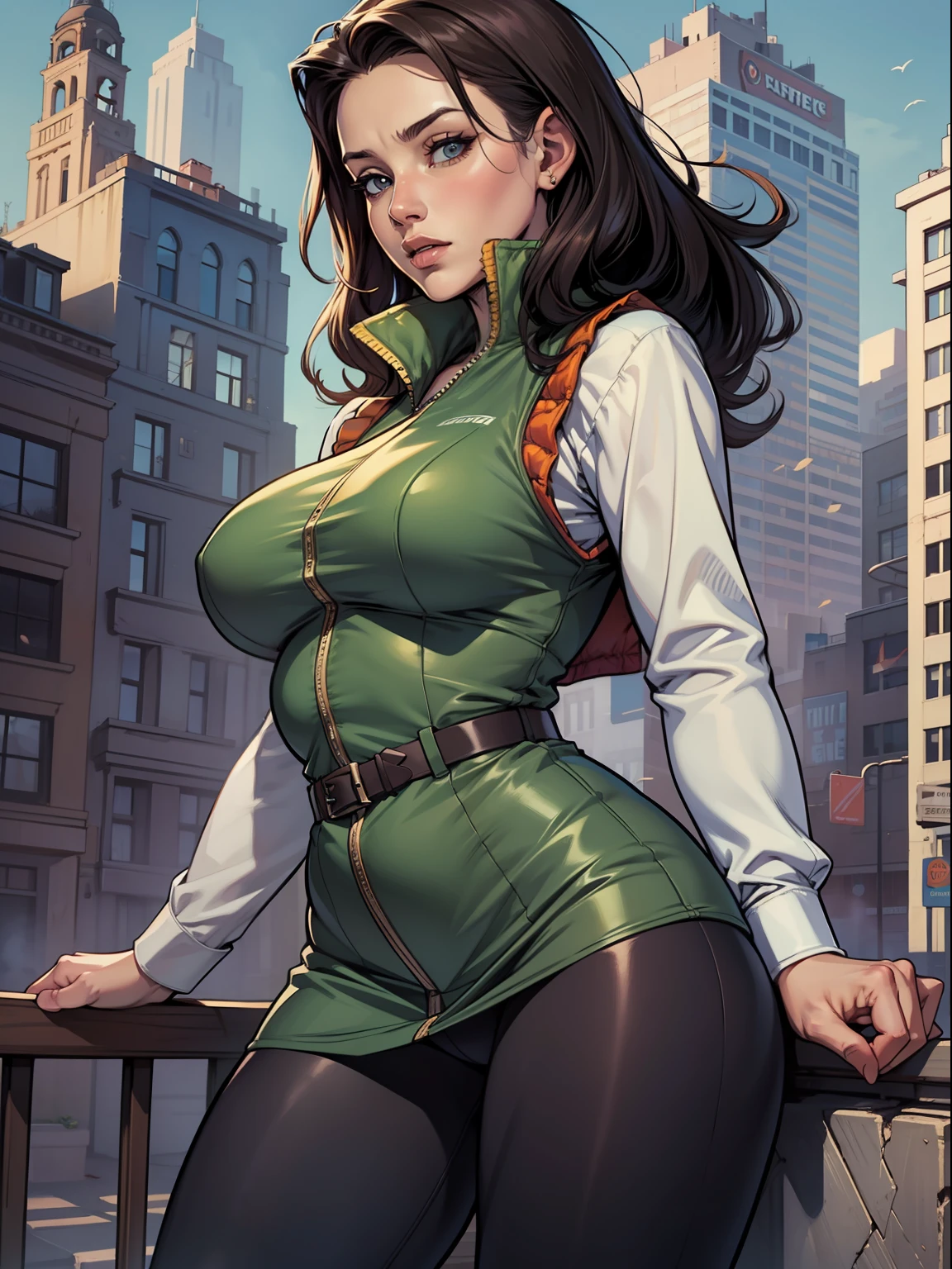 rule34sfmgirl,best quality,(masterpiece:1.2),soothing tones, comic cover,1 female, mature female, larger breasts, puffer vest, long-sleeve shirt, leggings, riding boots