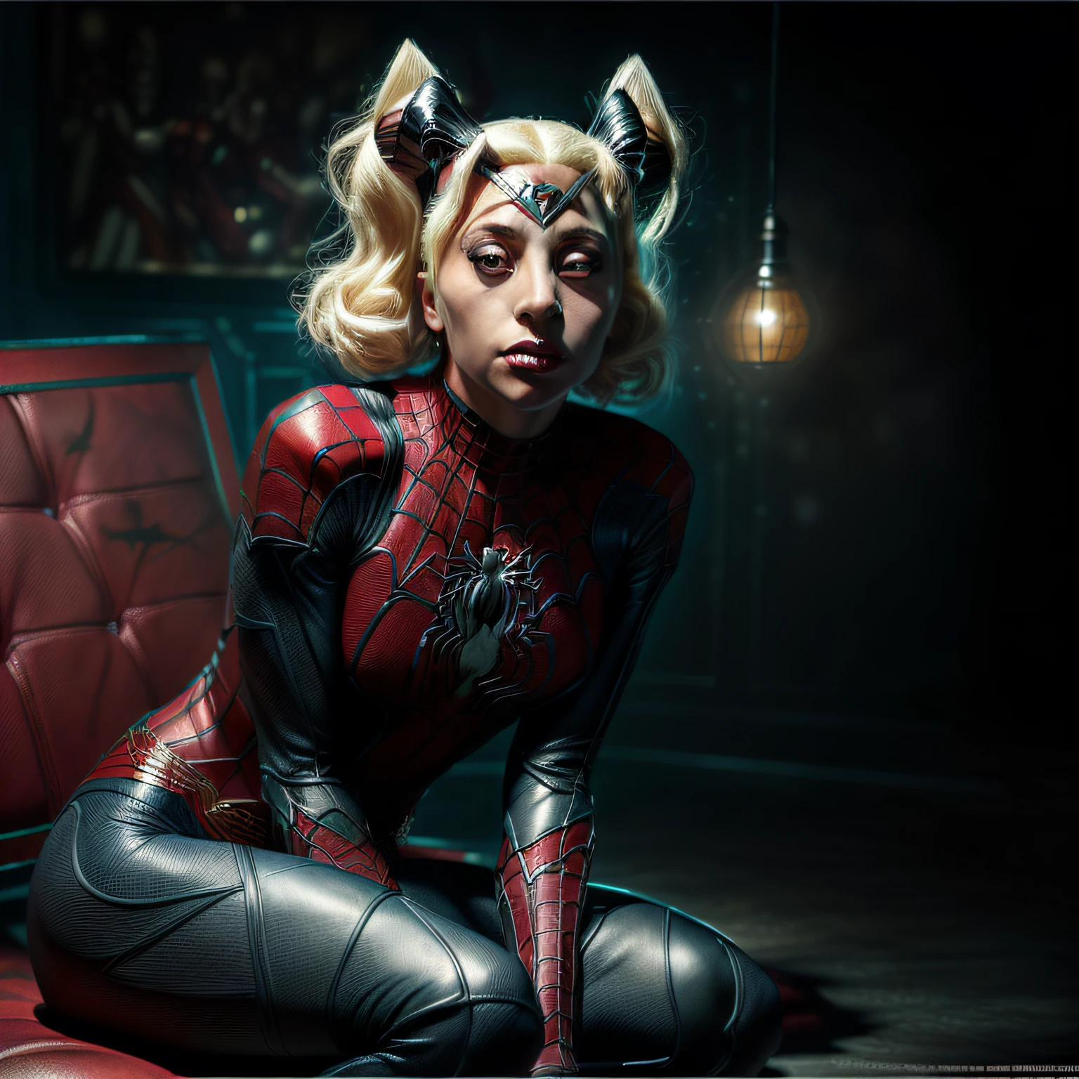 a closeup of a woman in a cat suit sitting on a red couch, black cat, ( ( ( ( Spiderwoman ), Doja cat as Cat Woman, Cat Woman, Lady Gaga as Harley Queen, in Marvel and DC style, Spider Woman, by Eddie Mendoza, cruella devil, spiderwoman!!!, beautiful comic art, in marvel style, harley queen. Best quality, realistic, realistic, award winning illustration, (highly detailed face and skin texture), (full body), (complicated detail: 1.2), (fine detail), (complicated detail), (cinematic lights, best quality backlight), sharp lines, sharp focus, official art, unit 8k wallpaper, absurd, unbelievably absurd, huge file size, Ultra-, fantasy art, RTX, ((Closing photo-up by award-Winning studio)), , (shut up), , perfect hands, beautiful detailed eyes, Perfect Face